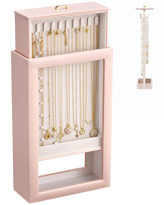 Lolalet Upgraded Double-Sided Hanging Necklace Organizer Box, Jewelry Display Case with Double-Sided Clear Window for Necklaces Bracelets, Tangle-Free Necklace Storage Box, Pink, 1-Layer 20 Hooks