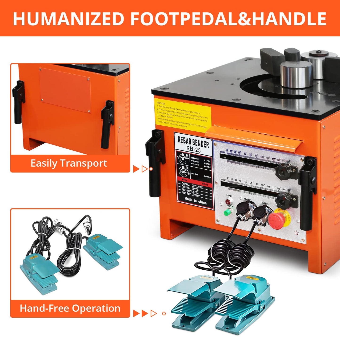 1600W Rebar Bender, 19.5"l x 17"w x 15"h, Electric Rebar Bending Machine with Foot Pedal and Handle, 0°-180° Adjustable Bending Angle, 6-7 Seconds Fast Bending Speed for 1/4" to 1" Steel Bar, Port