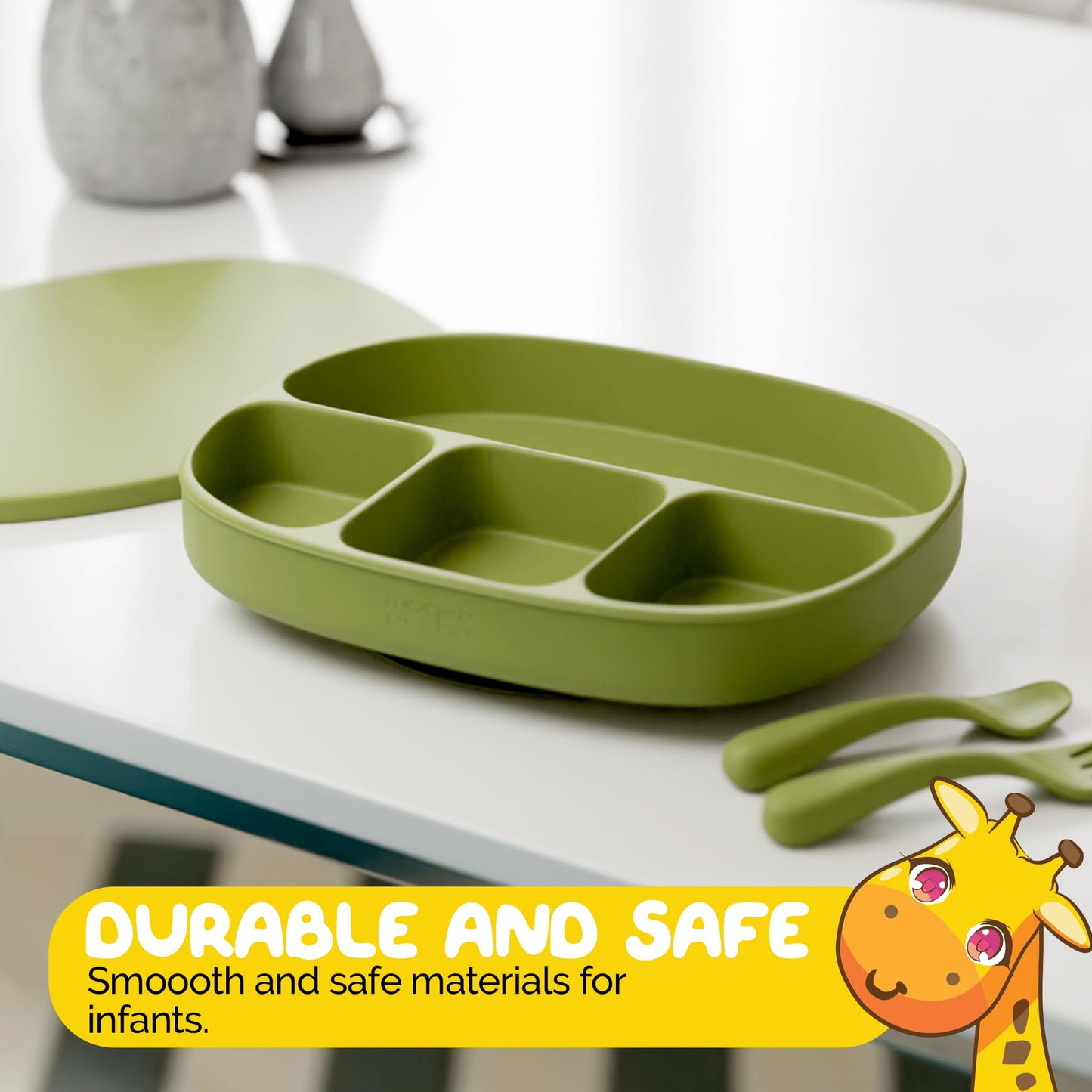 Muqee Peeko Toddler Necessities Baby Feeding Essentials Set for Baby in Green Color with Baby plates with Suction and Silicone Utensil Set - (3 Pieces)