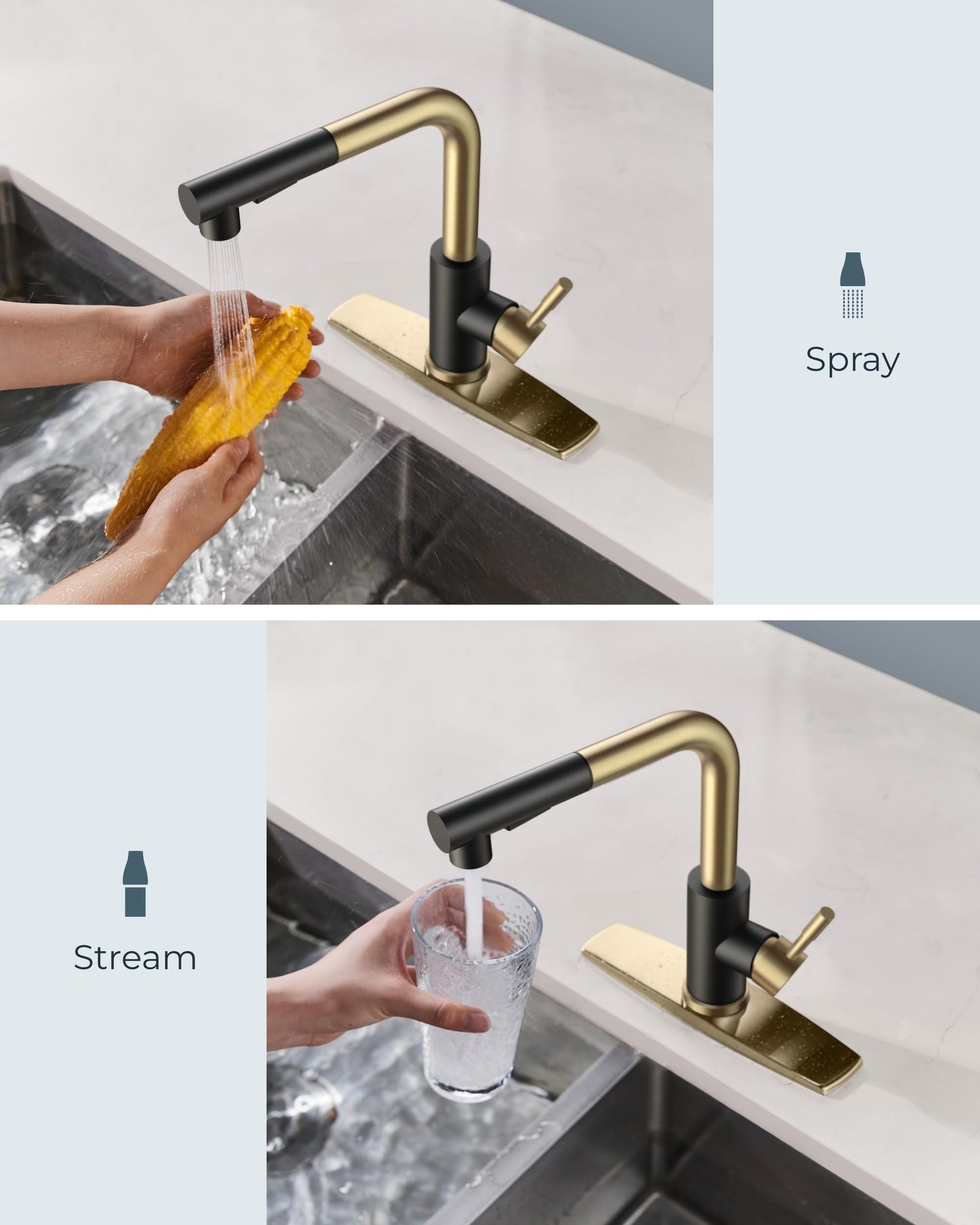 FORIOUS Kitchen Faucets with Pull Down Sprayer, Stainless Steel Single Handle Classic Pull Out Bar Sink Faucet for Farmhouse Laundry RV, with Deck Plate for 1 or 3 Holes, Black Gold