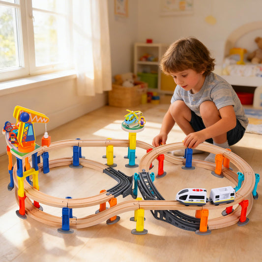60Pcs Wooden Train Track Set, 203-inch Track Length, Train Bridge Toy Set for Toddlers, Scenario Building Blocks Toddler Toys with Airplane and Magnetic Crane, Birthday Gift Ideas for Boys and Girls