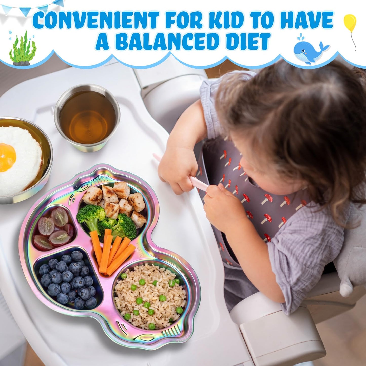 Tioncy 15 Pcs Stainless Steel Kids Dinner Set, 3 Bowls, 3 Balanced Bites Divided Plates, 3 Cups, 3 Spoons and 3 Forks, Stainless Steel Lunch Plates Dinnerware Set for Kids Toddlers(Car)