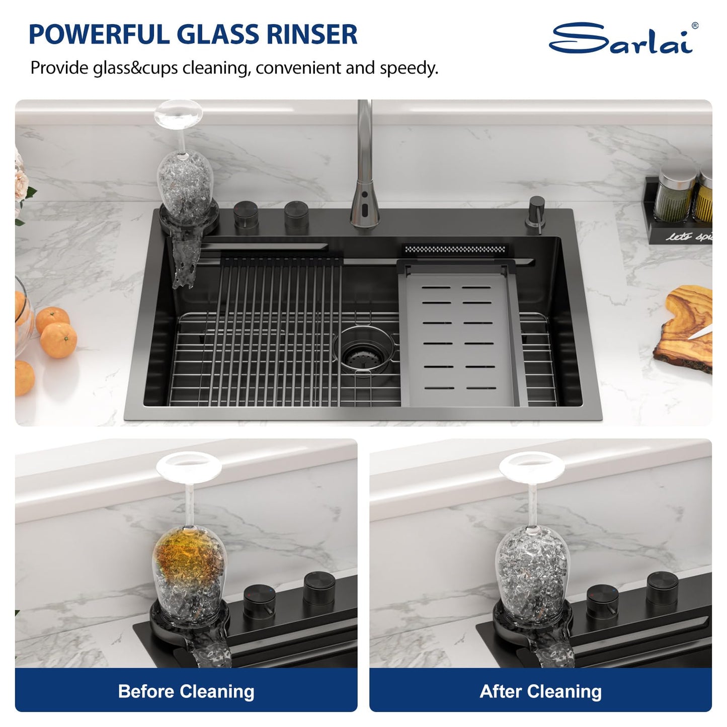 Sarlai Waterfall Kitchen Sink 30 Inch Black Drop In Kitchen Sink Topmount 16 Gauge Stainless Steel 30x22 Inch Single Bowl Multifuction Workstation Top Mount Sinks with Double Knob