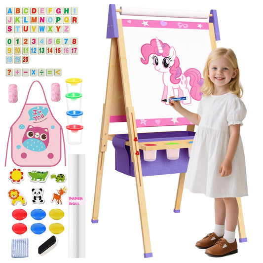 Art Easel for Kids, Adjustable Standing Wooden Toddler Easels, Kids Whiteboard & Blackboard with Paper Roll, Dry Erase Board, Drawing and Painting for Aged 2-4, 5-7, 8-12, Art Supplies Included