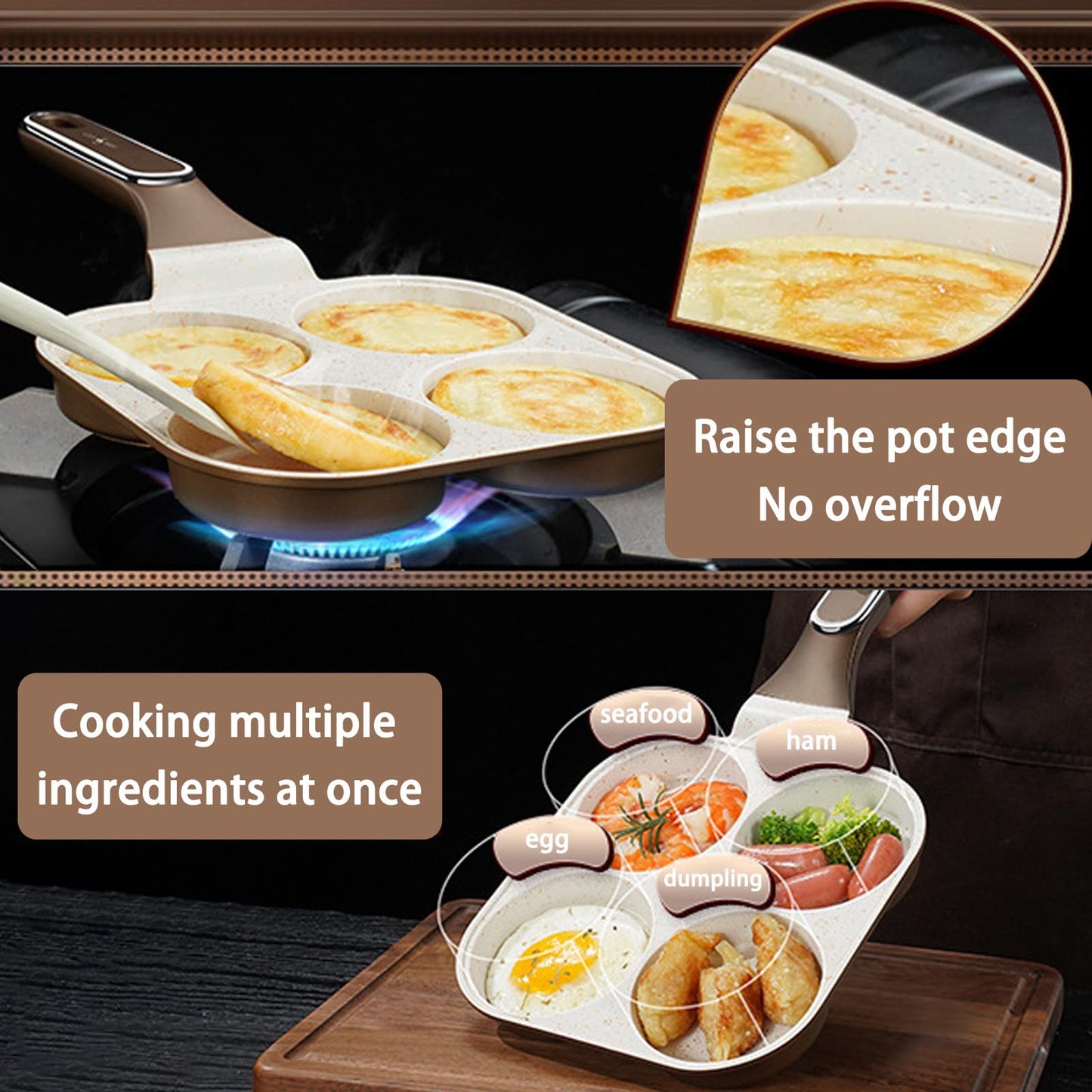 JUSTUP Egg Frying Pan, 4-in-1 Nonstick Omelet Pan with Heat Resistant Handle, 4-Cup Breakfast Divided Grill Pan for Egg, Bacon and Burgers (White)