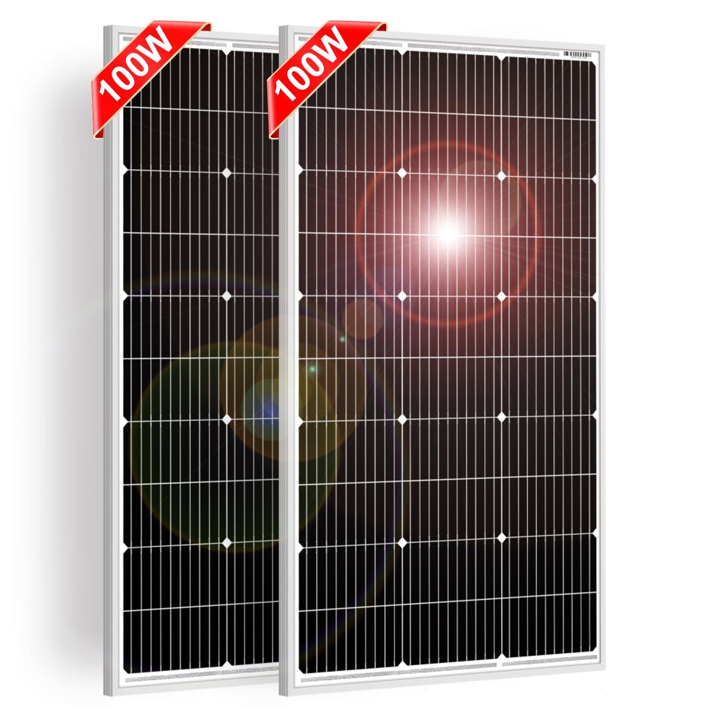 DOKIO 100W 18V Solar Panel 2-Pack for 12V Battery Charging, Monocrystalline Glass Modules with Aluminum Frame, MC4, Pre-Drilled Holes, Series/Parallel for RV, Boat, Roof, Off-Grid Systems