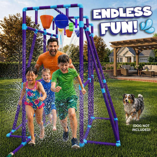PUDDLE SPLASHERS Outdoor Water Play for Kids, Backyard Waterpark Sprinkler Summer Toy, Fun Outside Play Structure for Kids with Sprinkler, Water Buckets and Splash Wheels, Family Backyard Waterpark