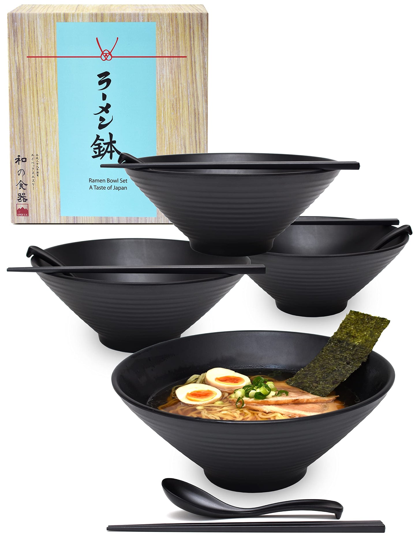 APEX S.K. 4 Sets (12 Piece) 57 Ounce Large Japanese Ramen Noodle Soup Bowl Melamine Hard Plastic Dishware Ramen Bowl Set with Matching Spoon and Chopsticks for Udon Soba Pho Asian Noodles