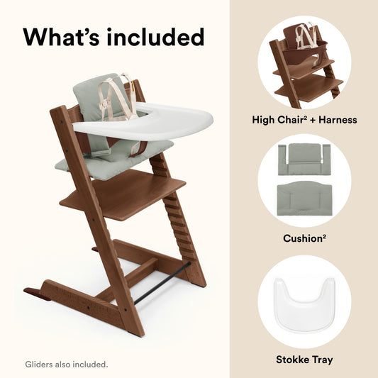 Stokke Tripp Trapp High Chair 2 (Warm Brown), Cushion 2 (Glacier Green) + Stokke Tray (White) - Includes Chair + Baby Set with Removable Harness for Children 6-36 Months