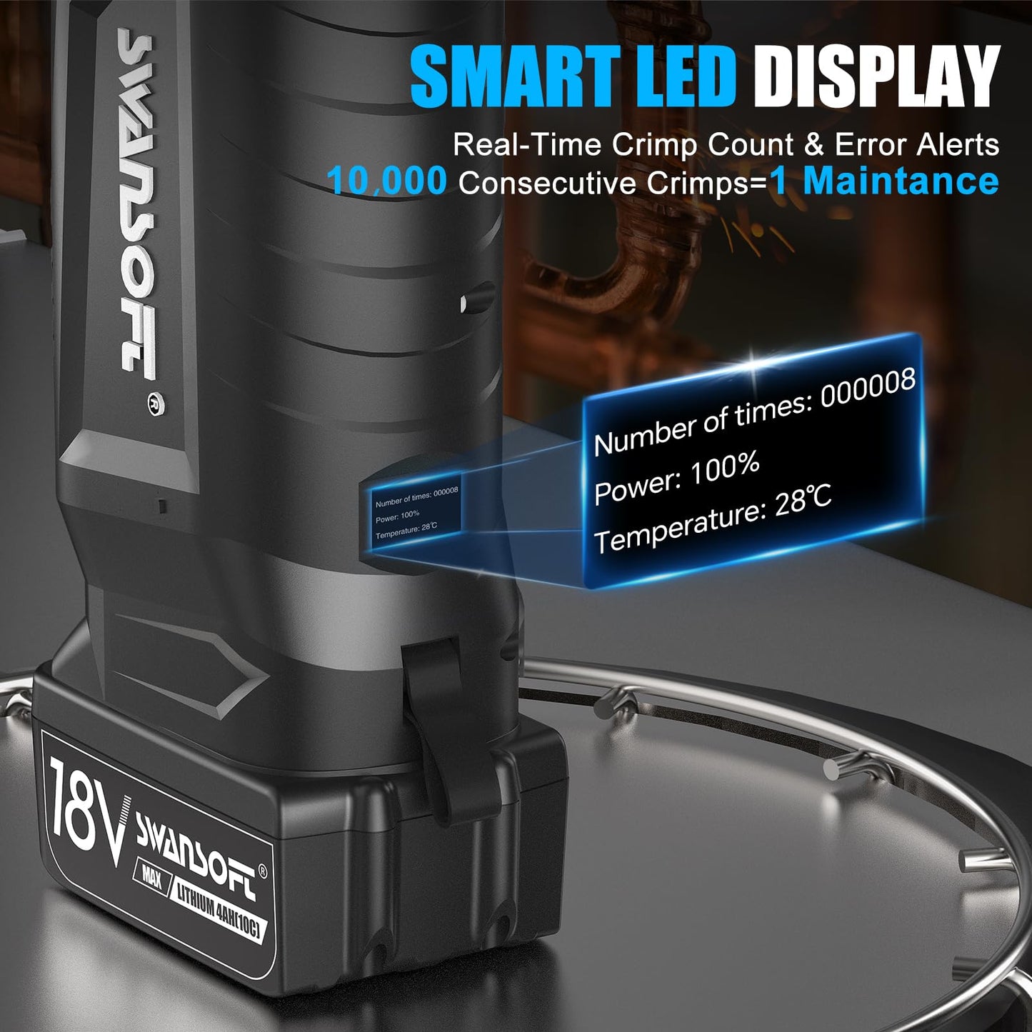 SWANSOFT Pro Press Tool for Copper Pipes, 32kN Pro Press Tool Kit with 6 US Standard Jaws 1/2", 3/4'', 1", 1-1/4", 1-1/2", 2", 18V Brushless Motor Electric Pipe Crimping Tool with 2Pcs 4Ah Battery