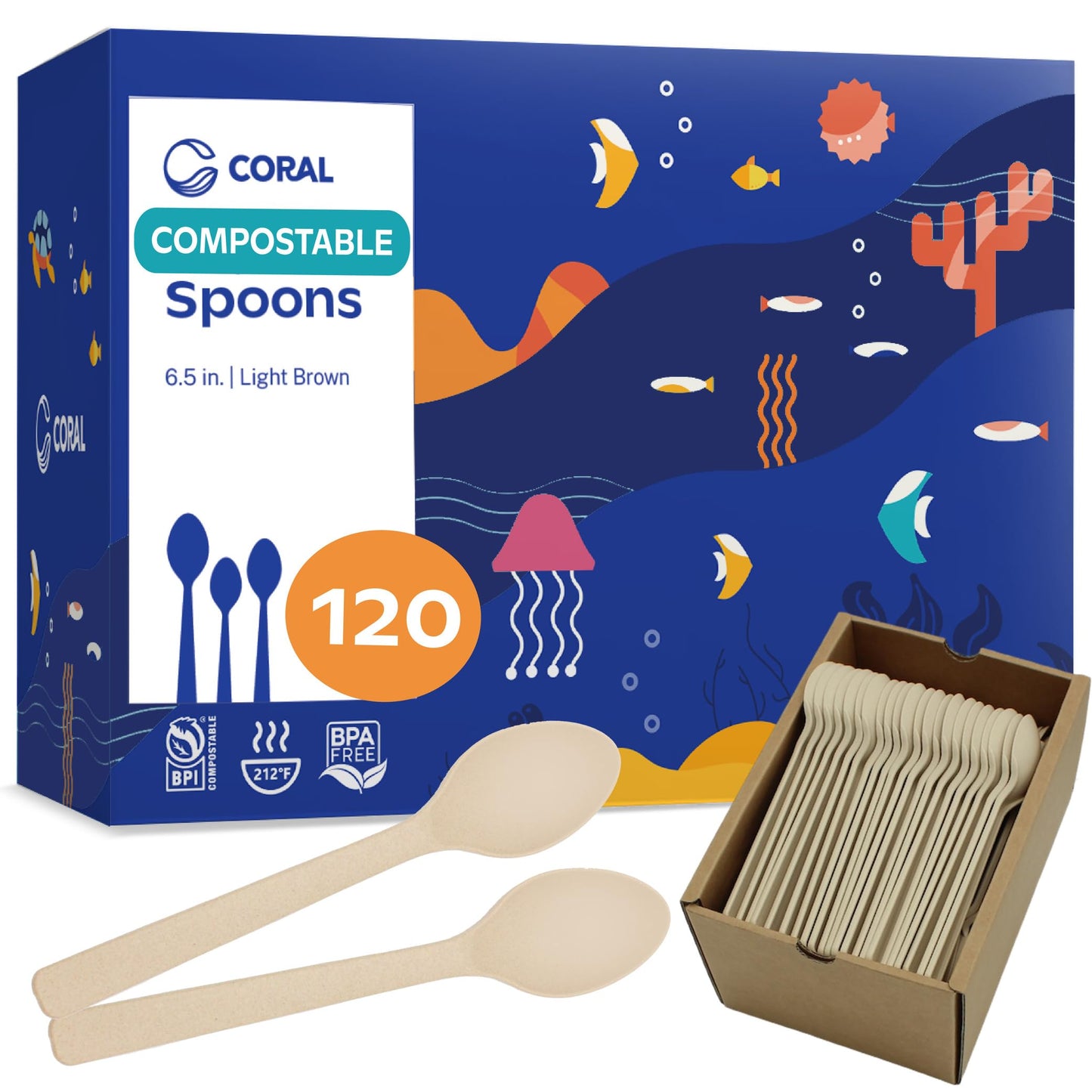 CORAL Light Brown 100% Compostable Spoons - 120 Heavy Duty No Plastic Spoons (6.5 inch) - Break Resistant with Smooth Edges, Ocean Friendly Alternative to Plastic Utensils - Biodegradable & Disposable