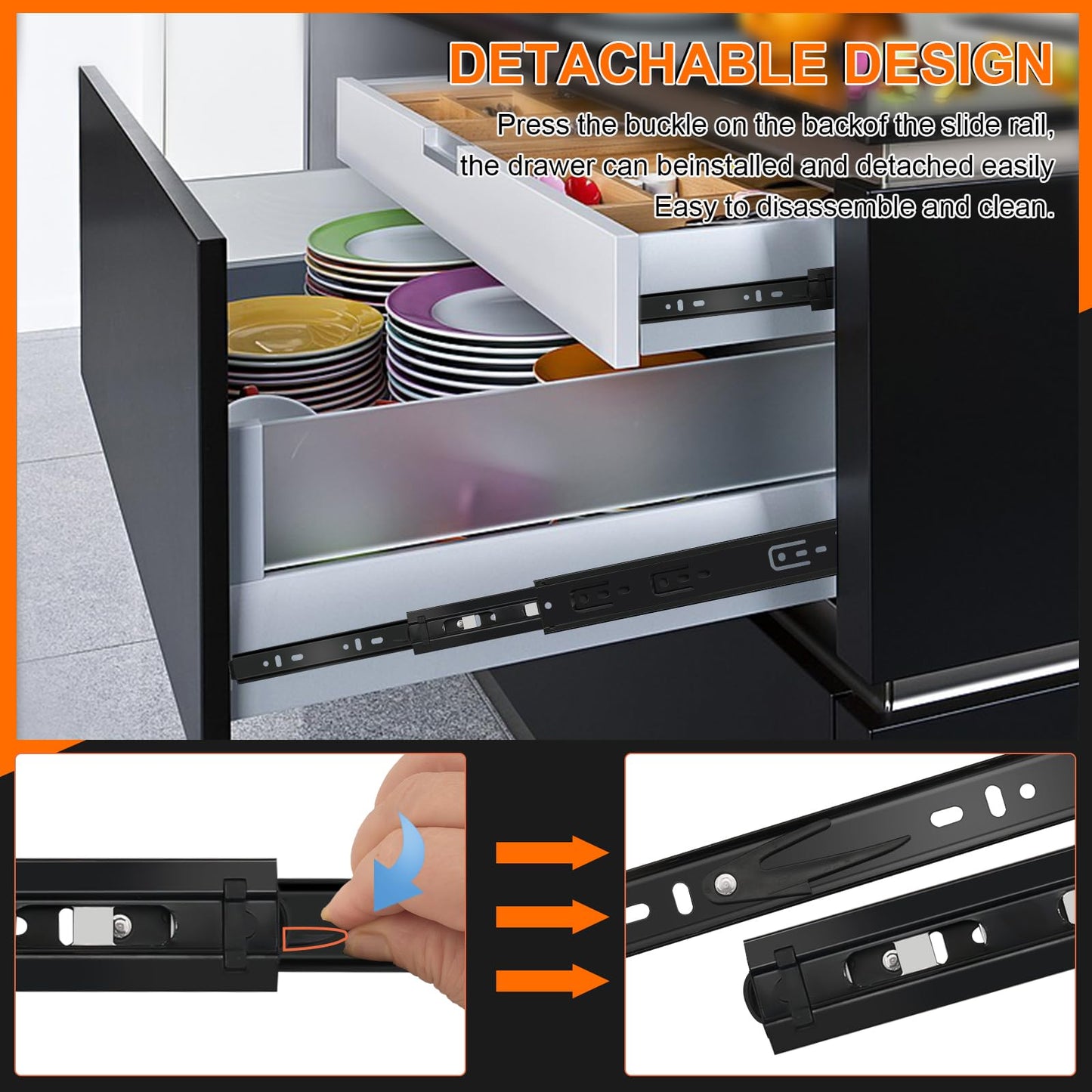 12 inch Drawer Slides 4 Pairs (8pcs) 3 fold Full Extension Side Mount Cabinet Drawer Glides 12" Black Cabinet Rails for Dresser, Cabinet, Kitchen,Trash Can, Wardrobe 100 LB Capacity