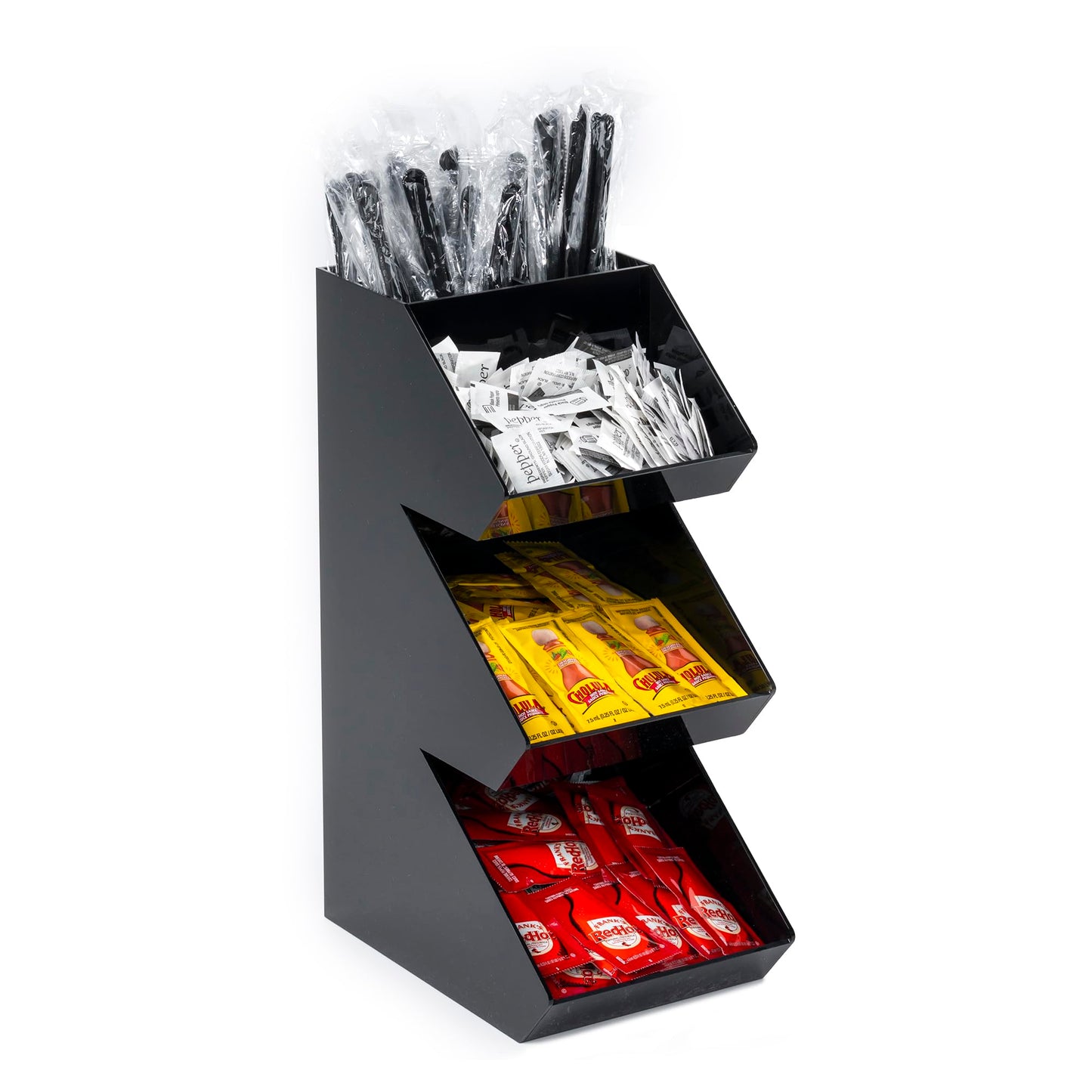 Inevibe Condiment Holder Stand - 3 Tier Compartment for Condiments, Sauce Packets, and Coffee Station Organizer for Bar, Restaurant, Cafe, Home - Black Acrylic Caddy Storage Rack