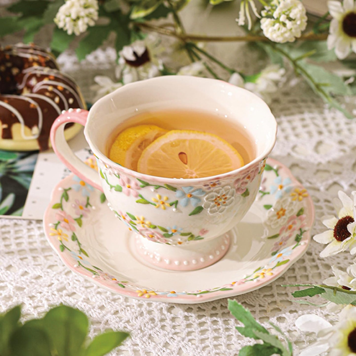 ZLUDIO Handmade Ceramic Cup and Saucer Set, 7 Oz Flower Bone China Cappuccino & Tea & Latte Coffee Cup For Women Tea Party & Christmas & Mother's Day(1 Set, Pink)