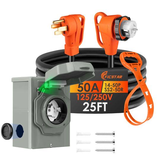 Ficstar 25FT 50 Amp Generator Cord and Power Inlet Box Kit, NEMA 14-50P to SS2-50R Generator Extension Cord, Pre-Drilled 50 Amp Generator Inlet Box with STW Wire, 125/250V, 12500W;UL&ETL Listed