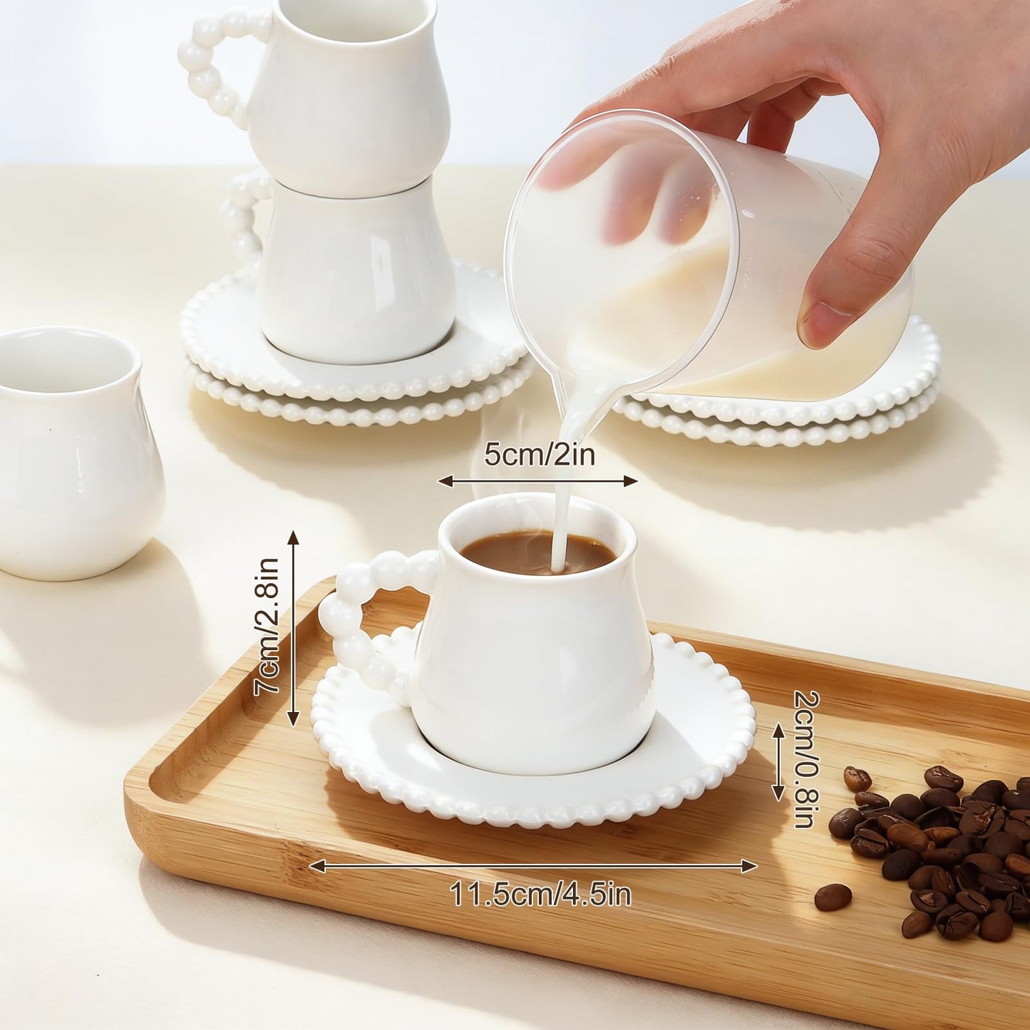 Hebaogugu Coffee Cup Set of 6 with Saucers, 3.5 OZ Ceramic Espresso Cups, Elegant Deco Turkish Coffee Cup Gift for Cappuccino, Latte, Cafe Mocha and Tea, Dishwasher & Microwave Safe (Pearl White)