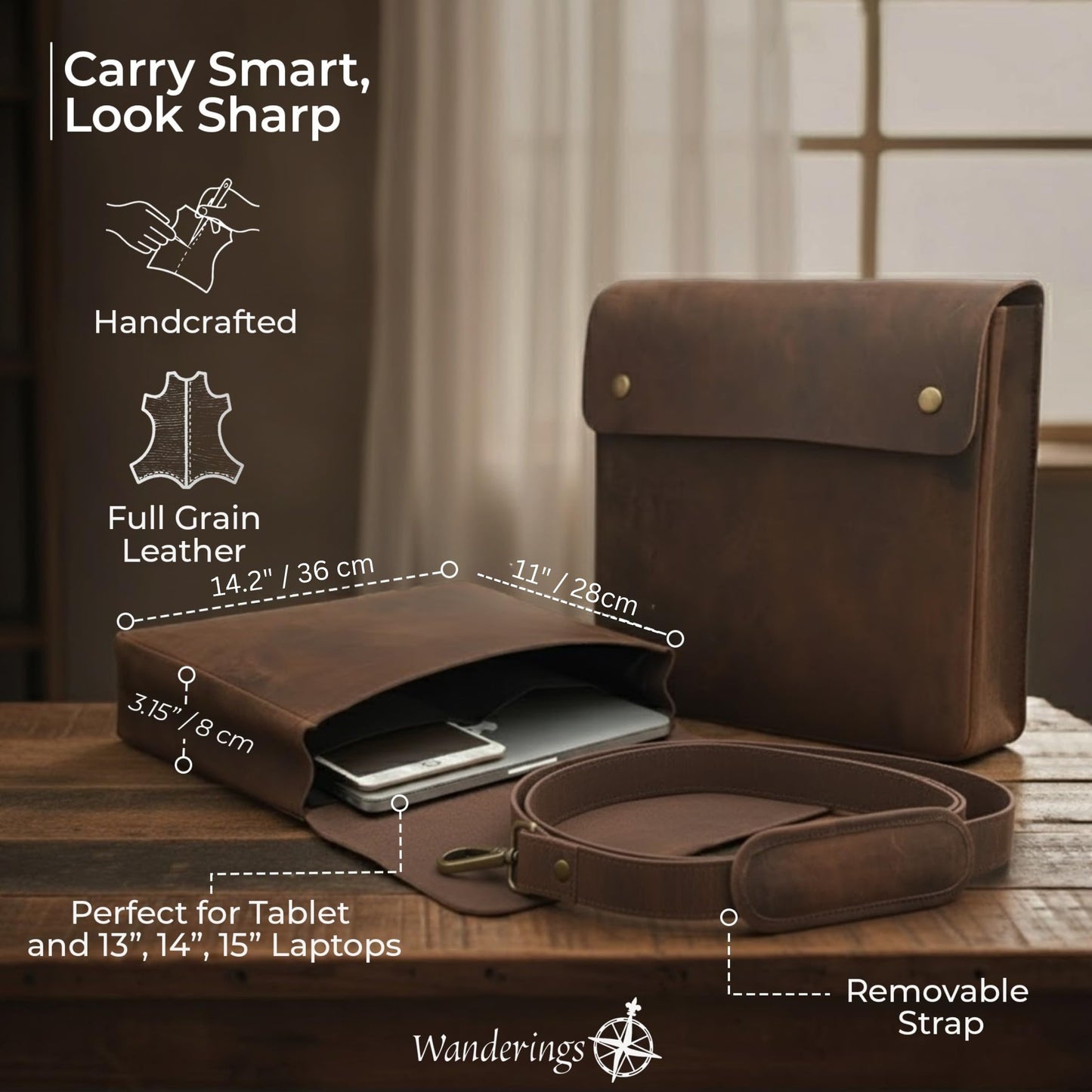 WANDERINGS Genuine Full Grain Leather Folder with Removable Strap - Handcrafted Folio Document Organizer - Leather Document Holder for Men and Women - Fits 15" 14" 13" Tablets and Laptops