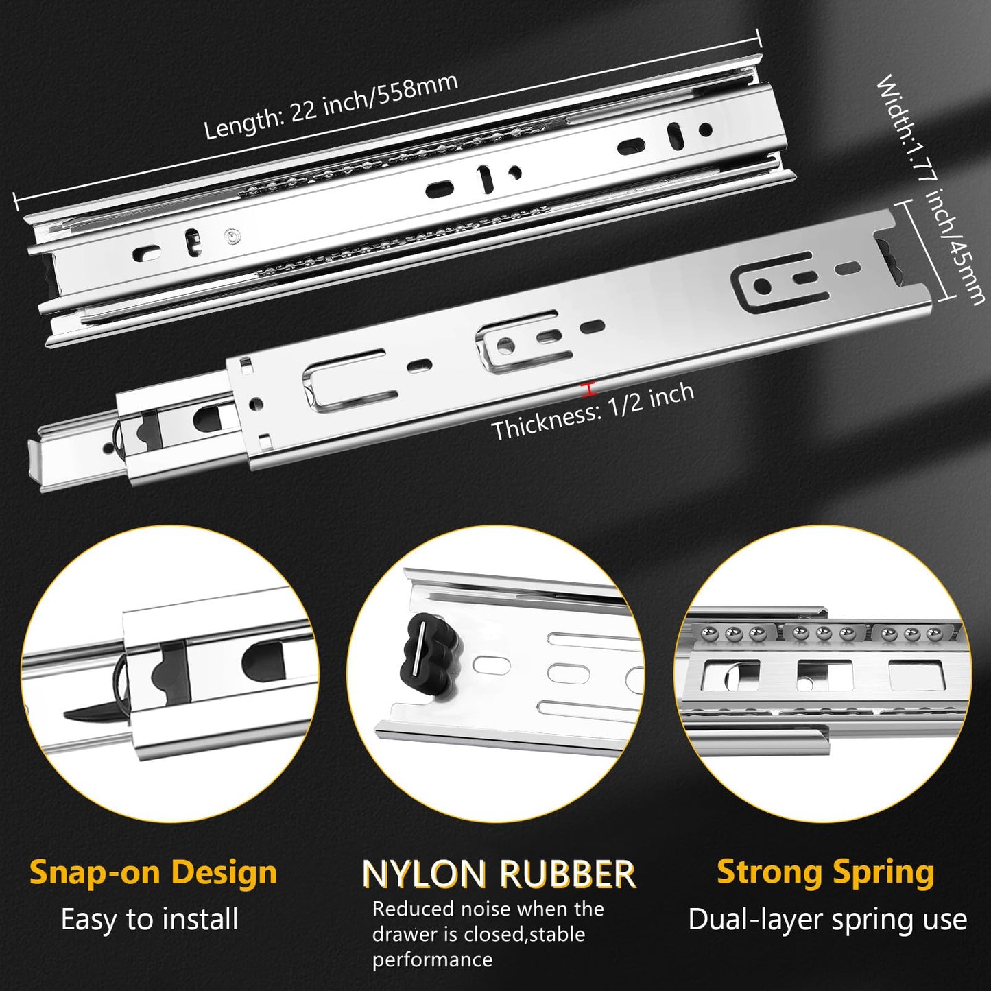 20 inch Ball Bearing Drawer Slides 6 Pairs (12pcs) - 100LB Capacity, Full Extension Side Mount Slides for Kitchen Cabinets, Wardrobes, Office Furniture (Silver 20inch)
