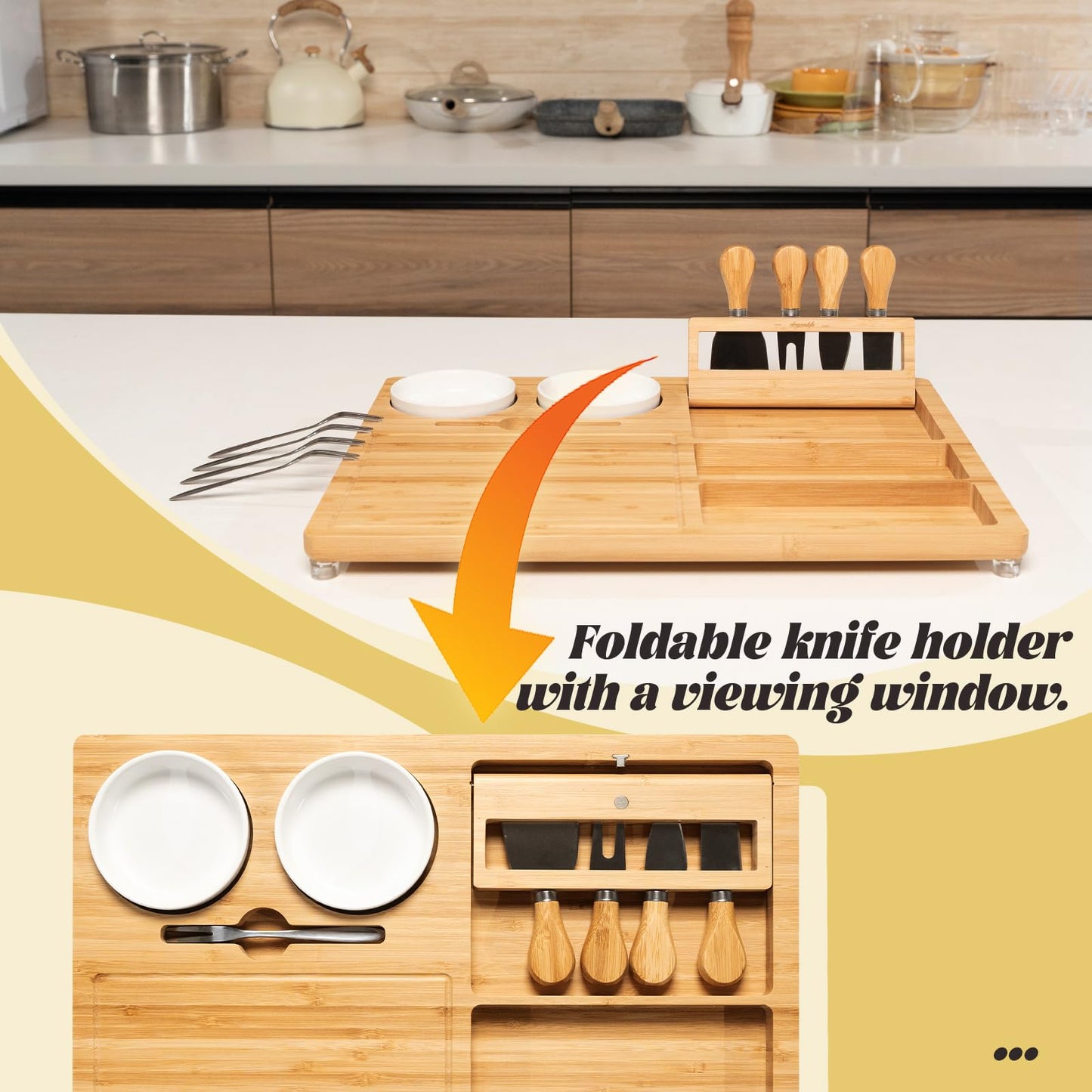 eleganlife Charcuterie Boards Set with Knives, Bamboo Cheese Board Large, Charcuterie Platters with Compartments, Serving Boards Gifts for Wedding, Birthday and Housewarming Party