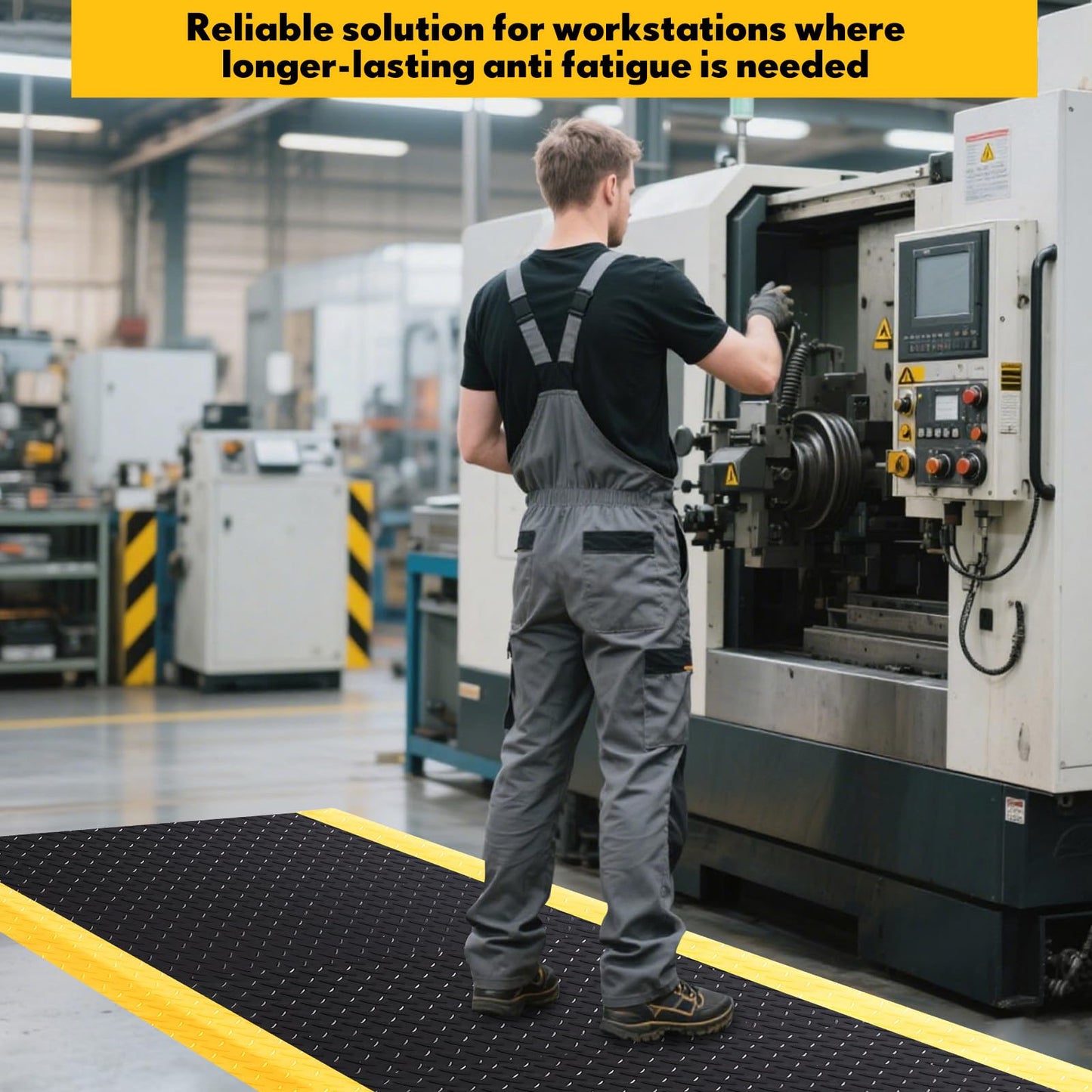 Drydiet 2 Pcs 3'x5' Anti Fatigue Mat Industrial, ESD Conductive Pad with Ground Wire, Heavy Duty Ergonomic Standing Floor Mat for Commercial Work, Shop Stand, Thick 3/4" Black with Yellow Border