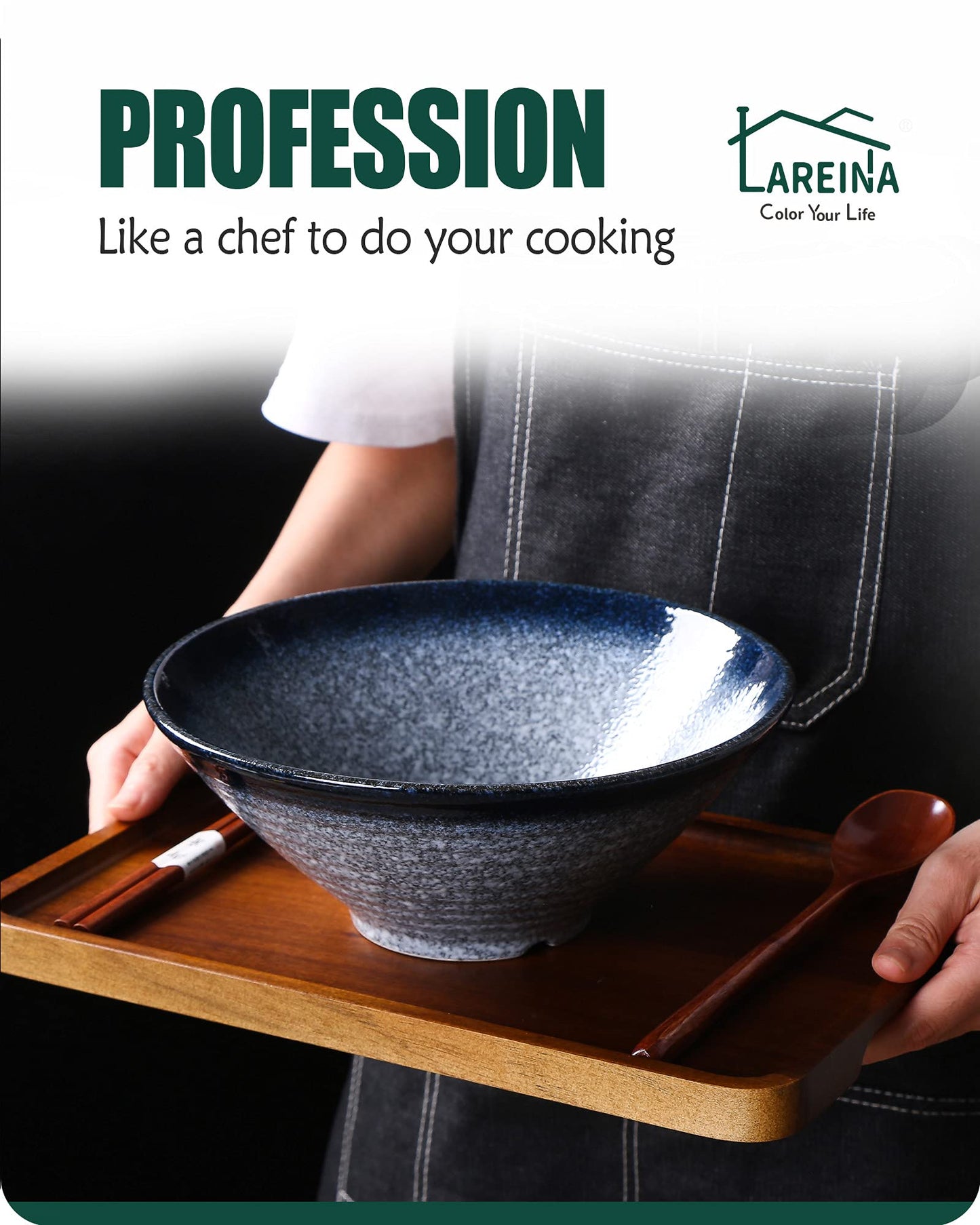 Lareina Ceramic Japanese Ramen Bowls, 2 Sets (6 Piece) 60 Ounce, Large Noodle Soup Bowl with Matching Chopsticks and Spoons for Asian Pho Udon Soba, Blue