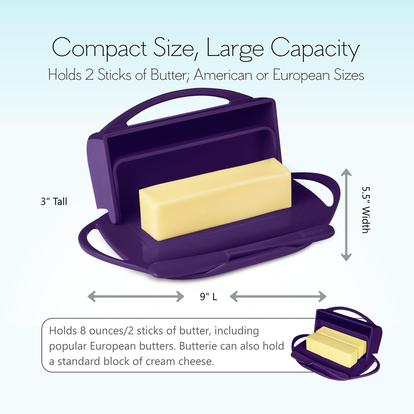 Butterie Flip Top Butter Dish with Attached Lid & Matching Knife - Holds 2 Sticks, Fits Kerrygold/European Butter - BPA Free & Dishwasher Safe - Purple