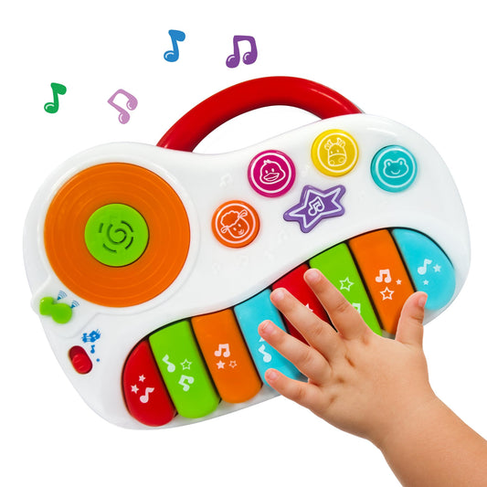 Musical Piano Toy for 1-3 Year Old Toddlers, 8-Key Rainbow Keyboard with DJ Turntable Scratchpad, 5 Light-Up Animal Buttons, Demo Songs, Volume Control and Carry Handle, Boys Girls Gift