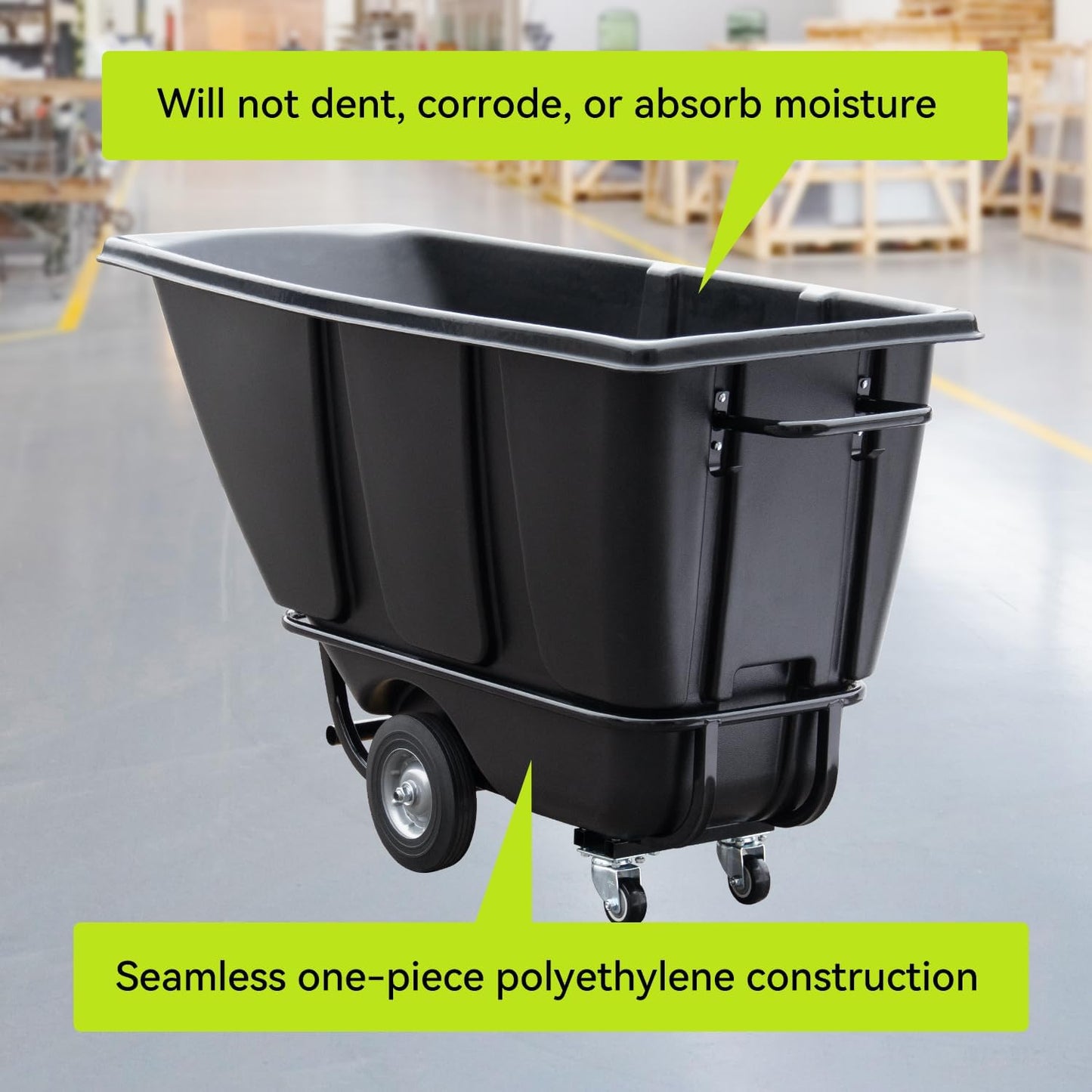 Fworkleft Tilt Dump Truck 850 lbs Capacity, 1/2 Cu.Yd Heavy Duty Trash Cart with Wheels, Forklift-Able Frame, Plastic Utility Dump Cart for Construction, Warehouse & Industrial Use (2-Pack)