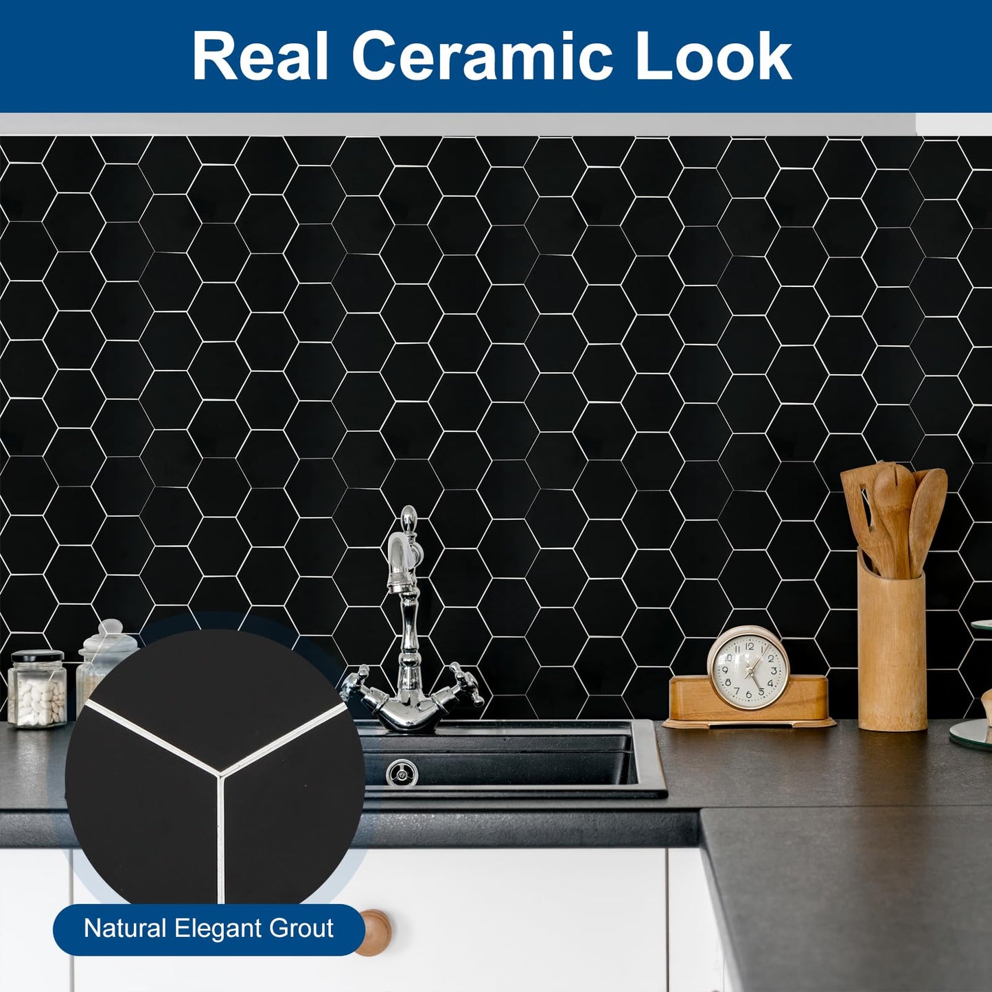 Yipscazo 10 Sheets Hexagon Peel and Stick Backsplash,Self Adhesive Luxury Faux Marble Tile,Pure Black Wall Tile for Kitchen, Stick on Backsplash Tiles for Bathroom,RV,Laundry