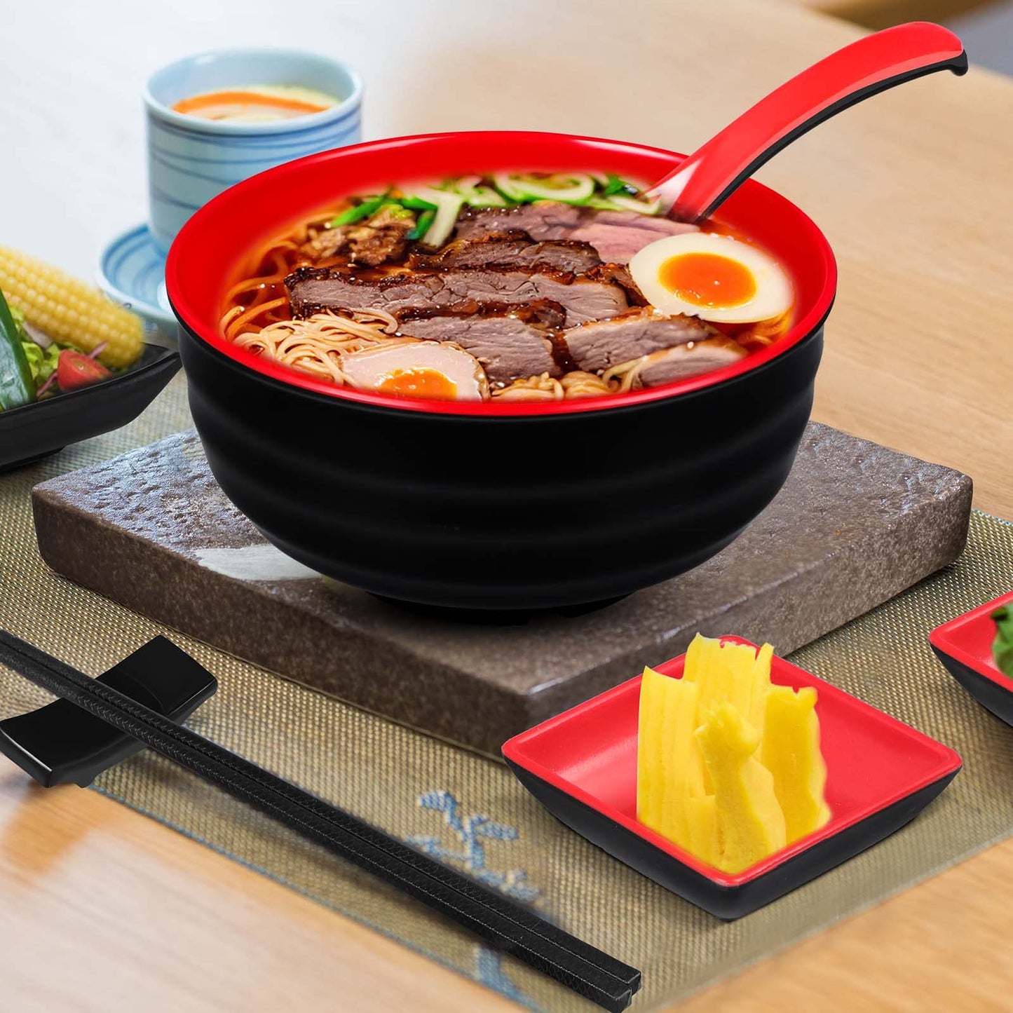 meekoo 6 Sets 41oz Ramen Bowl Bulk Asian Chinese Large Japanese Ramen Noodle Pho Bowl with Dipping Bowls Spoons Chopsticks and Chopsticks Stands for Udon Soba Asian Noodle