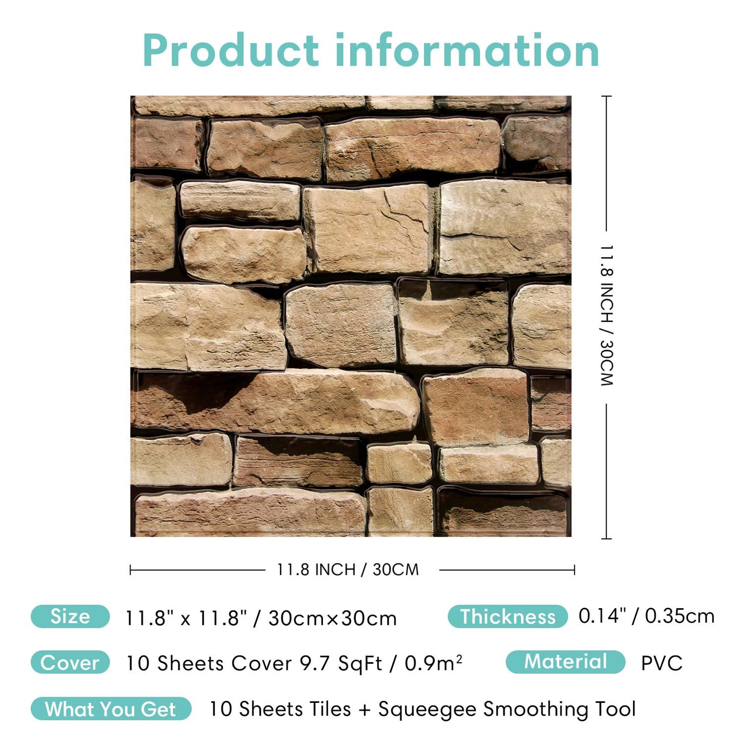 Commomy 3D Faux Stone Wall Panel Peel and Stick Wall Tiles - Fake Stone Wall Sticker 10 Pcs of 11.8" x 11.8" Thin Ultralight PVC Rock Wall Covering Kitchen Backsplash,Living Room,Interior Wall Decor