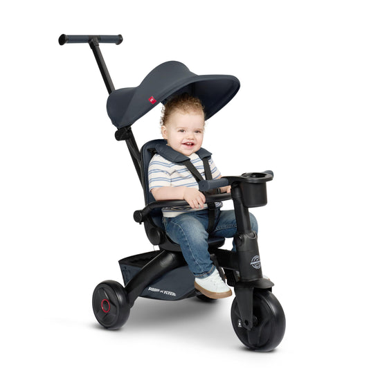 Radio Flyer Coast Folding Stroller Trike, for Kids 6 Months-3 Years, Lightweight, Compact, 4 Riding Modes, UV Canopy, 5Point Harness, Safety Bar, Cup Holder, Storage, Stroller Tricycle for Toddlers