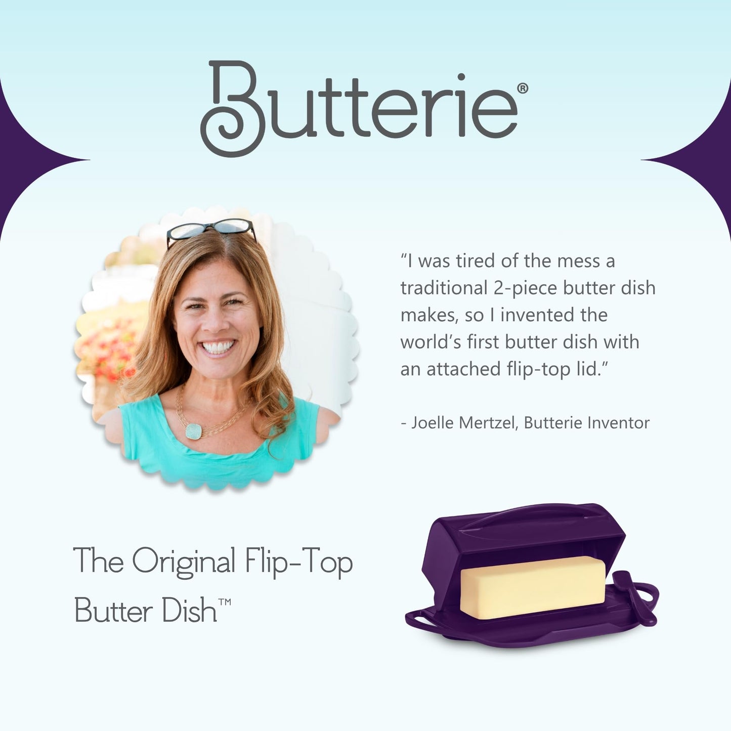 Butterie Flip Top Butter Dish with Attached Lid & Matching Knife - Holds 2 Sticks, Fits Kerrygold/European Butter - BPA Free & Dishwasher Safe - Purple