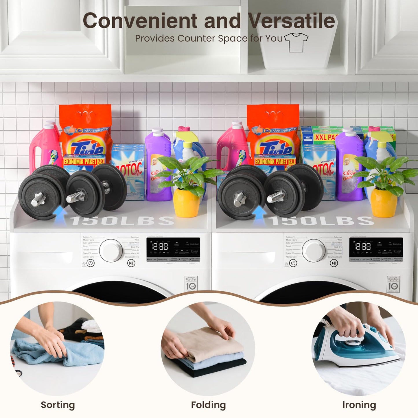 Washer Dryer Countertop Set of 2, 54.34" L x 27.56" W x 2.76" H Laundry Topper for Washer and Dryer, Wood Laundry Countertop with Anti-Slip Pads & Edge Rails for Laundry Room Organization (White)