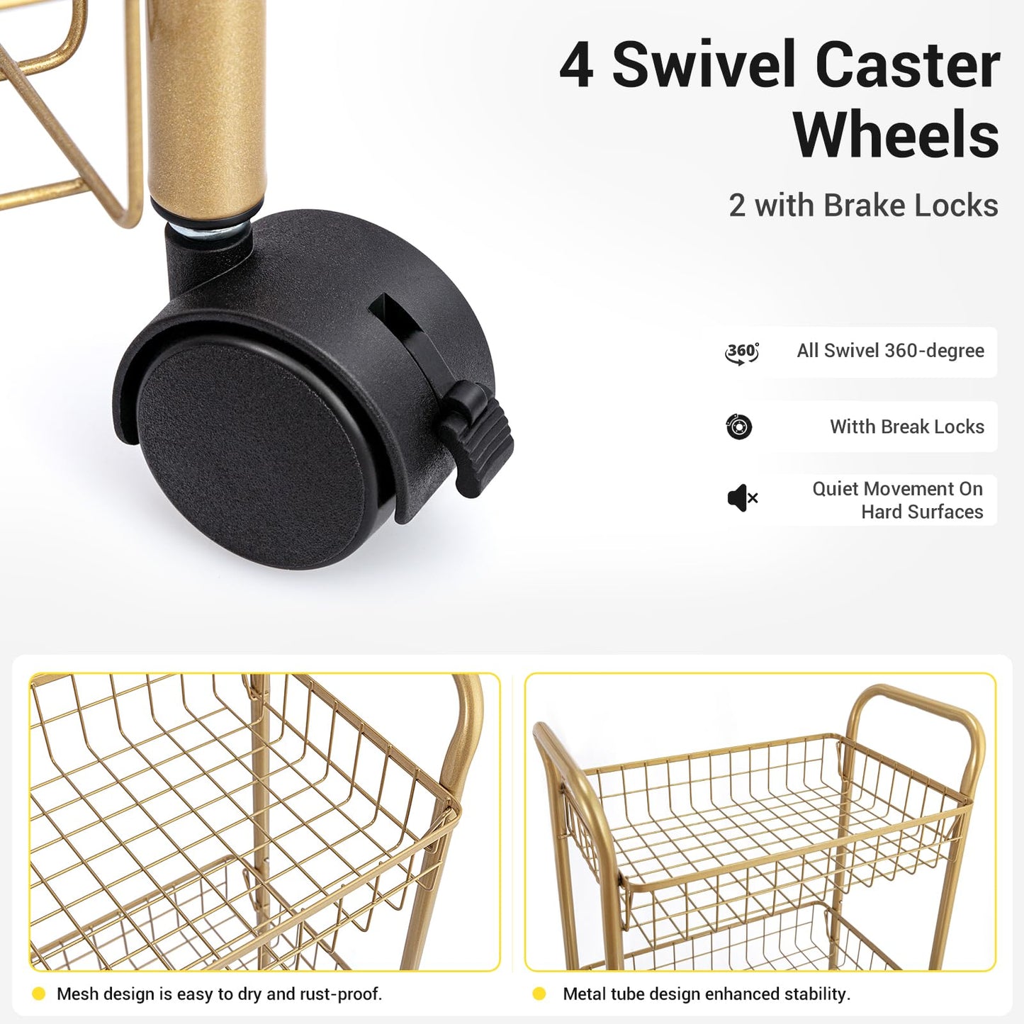 MNOPQ 3 Tier Rolling Utility Cart, Storage Trolley Service Cart with Wheels Easy Assembly for Kitchen, Living Room, Office, Salon, Gold