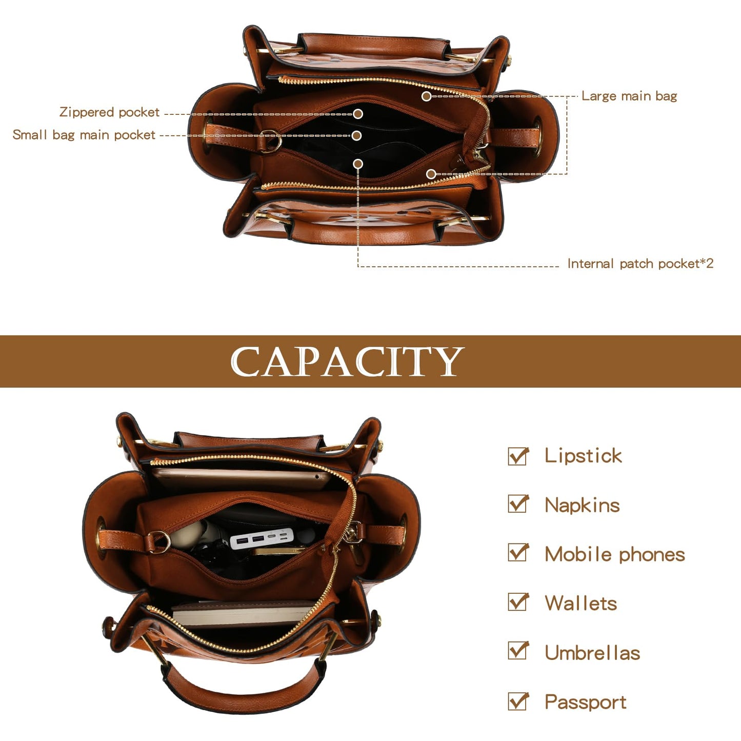 Travistar Floral Handbags and Purses Women - Retro Embossed Leather Top Handle Handbag Set Large Women's Shoulder Bag Trendy Hobo Purse Ladies Bucket Satchel Bags Chic Work Tote with Pouch Brown