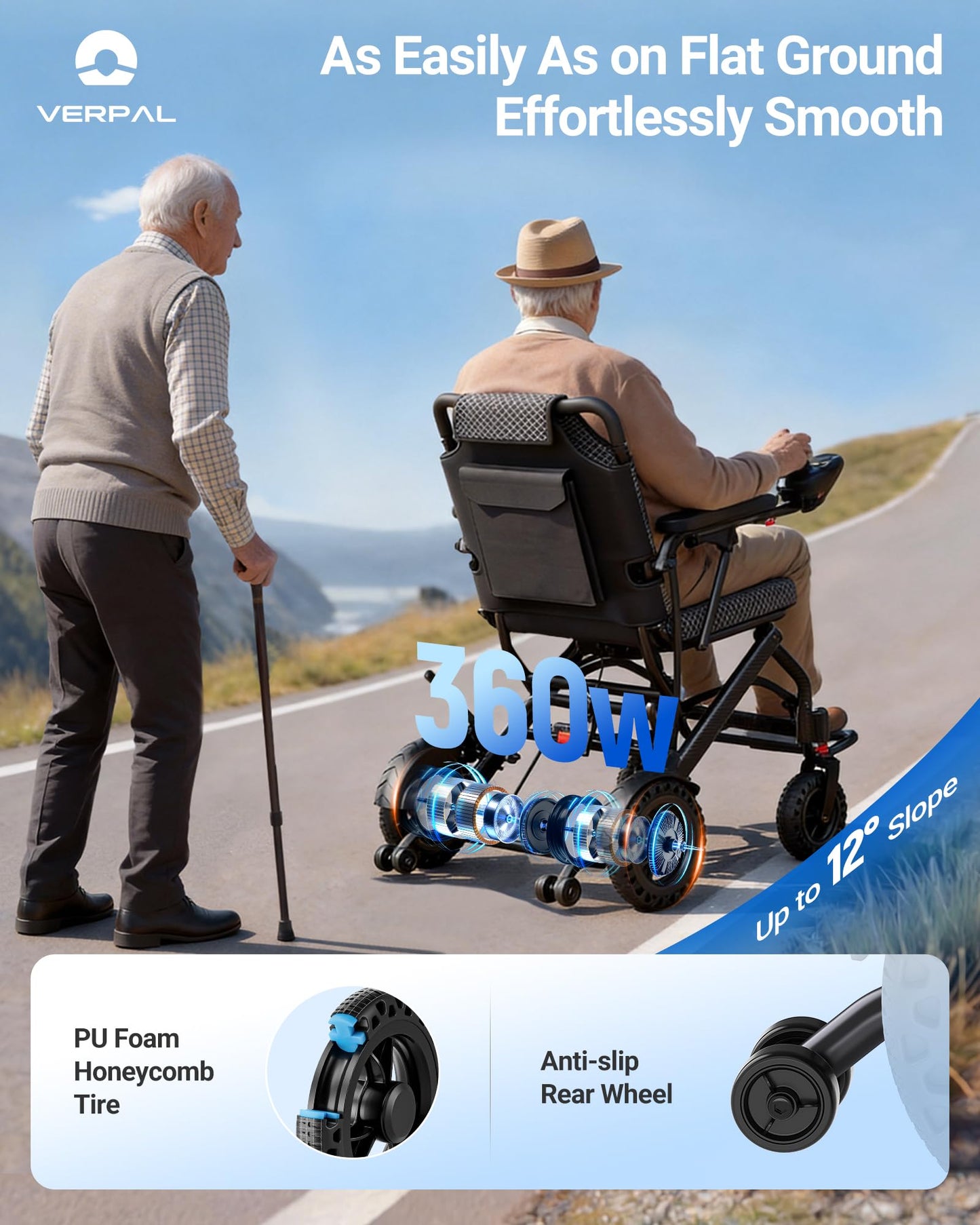 VERPAL 35.7lbs Lightweight Electric Wheelchair, Foldable Electric Wheelchair for Adults, Seniors, 360W Dual Motor Power Wheelchair 20 Miles for Travel, Park Hospital, 330 lbs Capacity-12Ah 18.5" Seat