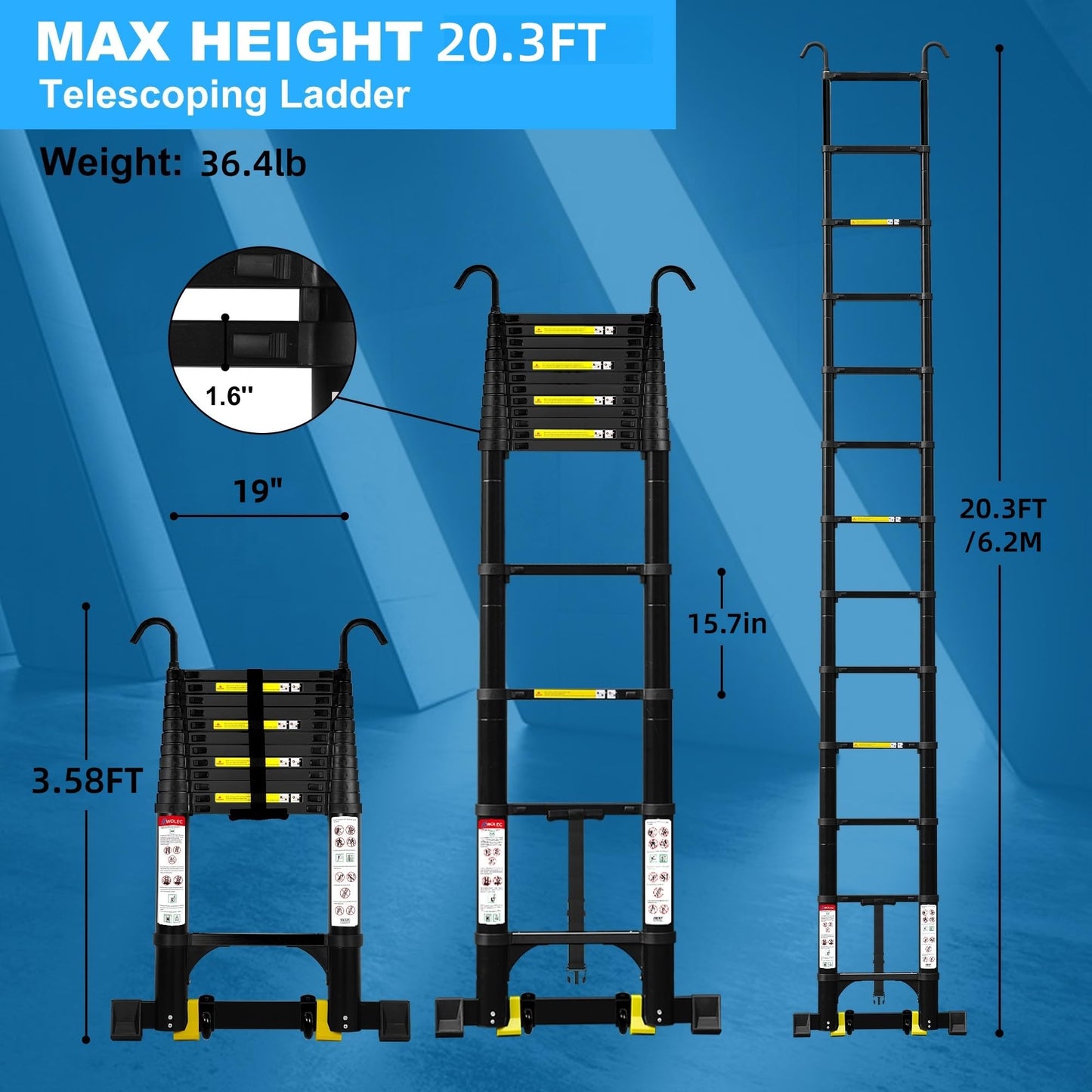 Wolec 20.3 FT Aluminum Telescoping Ladder, 330 lbs Capacity, Auto-Lock, Hooks, Wheels & Stabilizer Bar, Portable & Collapsible for Home, Roof & RV Use, Black