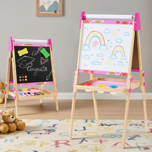 DUMOS Kids Easel Set with Paper Roll, Adjustable Height Wooden Double-Sided Magnetic Chalkboard & Whiteboard Art Station for Ages 3+, Dry Erase Board, Gift Idea with Accessories for Girls and Boys