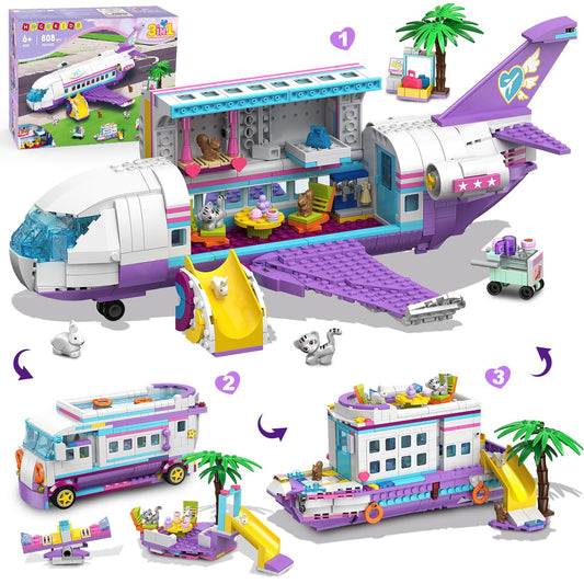 HOGOKIDS 3-in-1 Friends Airplane Building Toy Set - 808PCS Plane/Boat/Camper Van Building Toys with Cute 6 Mini Animals, Slide, Fun Accessories and Stickers, Birthday Gifts for Girls Boys Age 8-12+