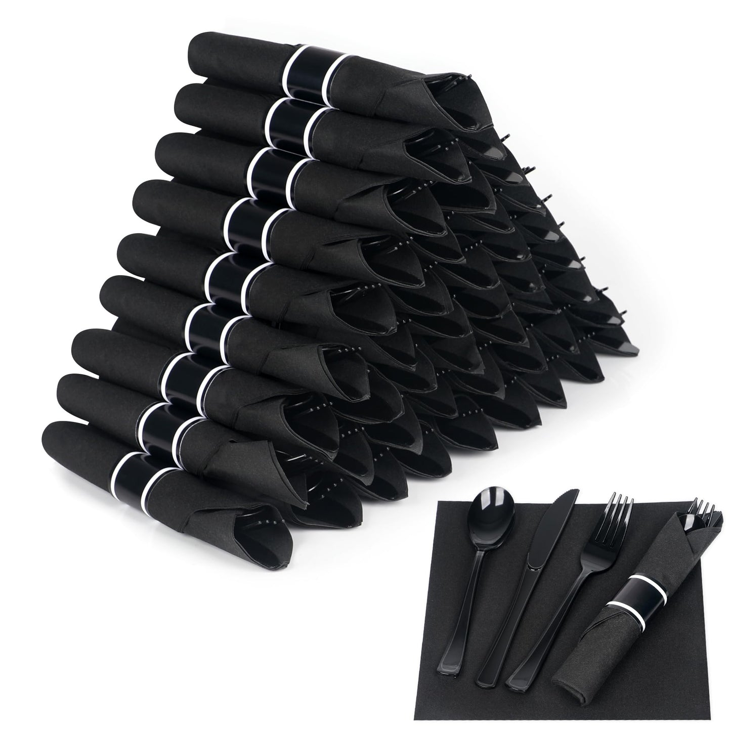 Dlebay 50 Pack Pre Rolled Black Plastic Silverware Set,Wrapped Plastic Cutlery Set with Napkin Include 50 Forks,50 Spoons,50 Knives and 50 Black Napkins for Party,Wedding