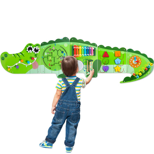 Crocodile Activity Wall Busy Board Panels | 9-in-1 Wooden Sensory Wall Panel for Kids, Montessori Learning Activity Center | Perfect for Toddler Playroom, Daycare, Nursery, Classroom or Dr's Office