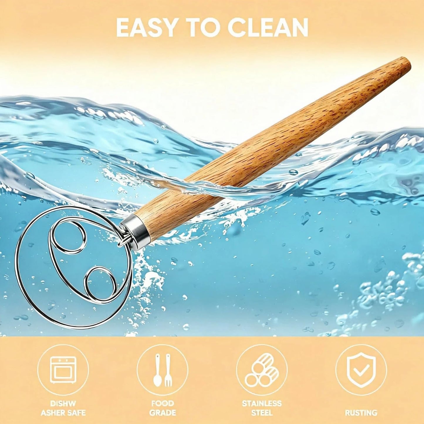 Maxjoy Danish Dough Whisk Stainless Steel Wooden Handle for Sourdough Bread Baking