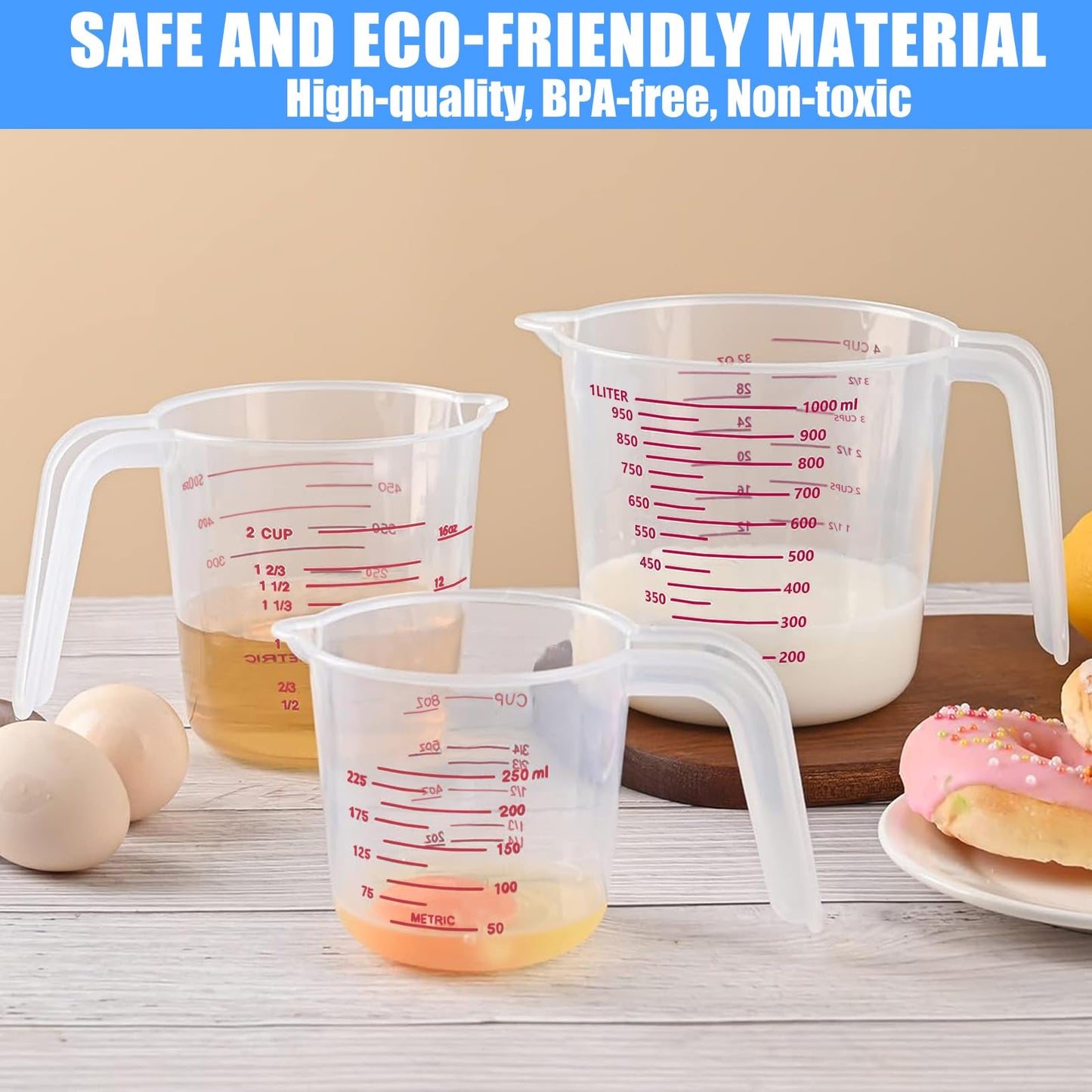 DTDNZKN 3 Pack Measuring Cup Set, Includes 250Ml (1-Cup), 500Ml (2-Cup) and 1000Ml (4-Cup) Plastic Liquid Measuring Cups- Baking, Cooking, Mixing & Measuring Cups, Essential Kitchen Tools