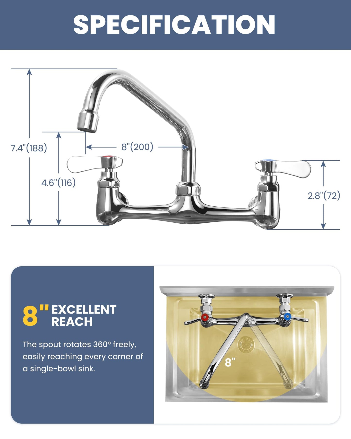 iVIGA Commercial Sink Faucet with 8” Swivel Spout, 8" Center Wall Mount Kitchen Faucet, Dual Handles Brass Utility Sink Faucet for Laundry Room Restaurant Compartment Sink, Polish Chrome