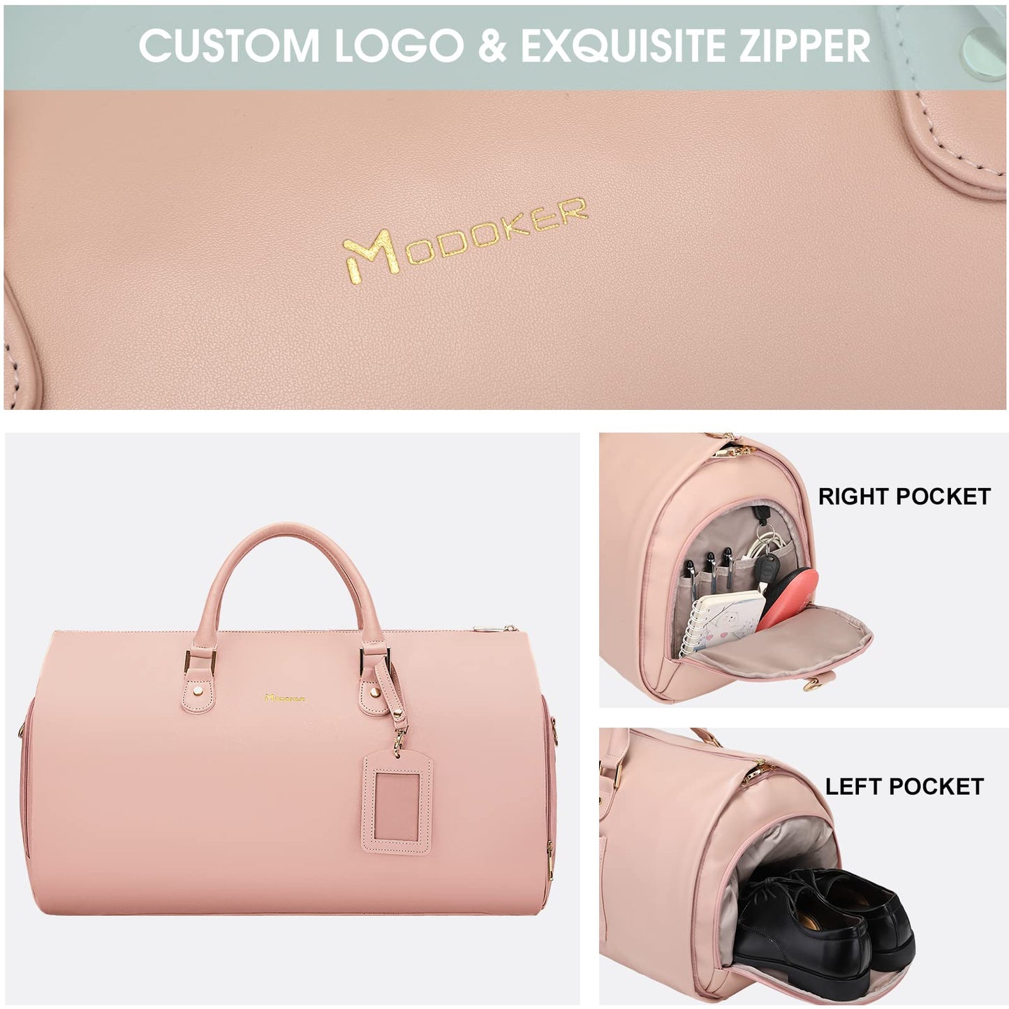 Modoker Women Convertible Leather Garment Bag with Shoulder Strap, Carry on Garment Duffel Bag - 2 in 1 Hanging Suitcase Suit Travel Bags Pink
