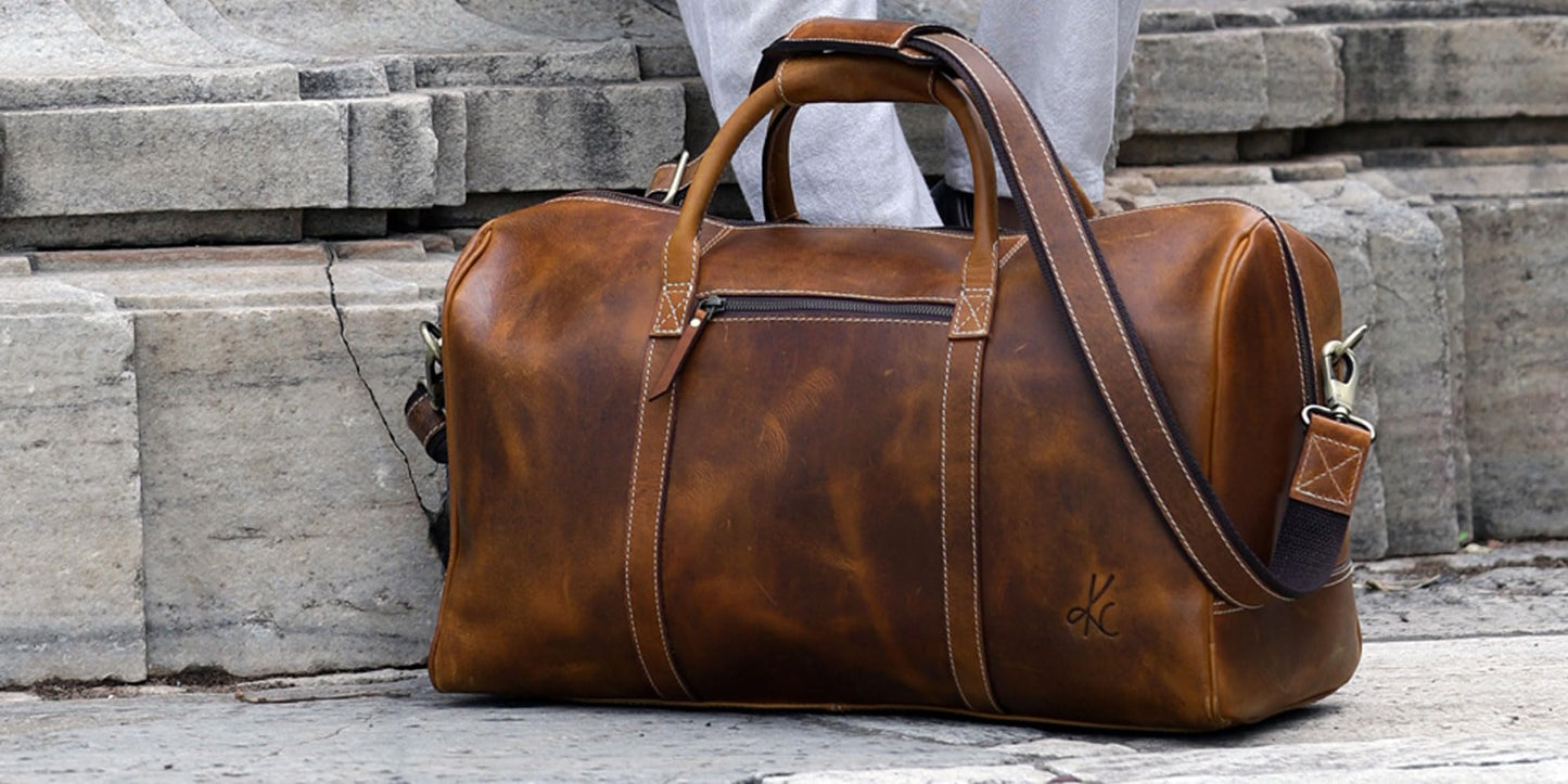 KomalC Leather Duffle Bags for Men and Women Travel Overnight Weekend sports bag holdall Gym Duffel for Men