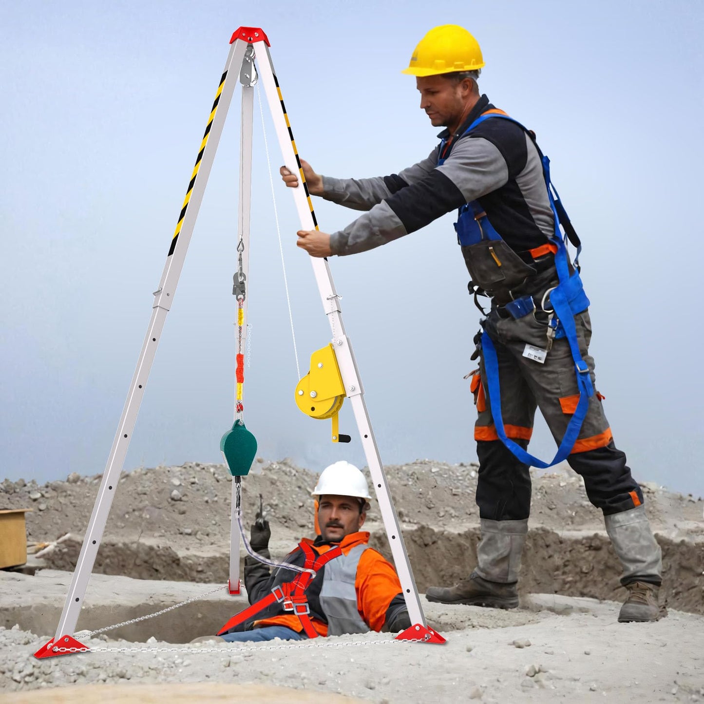 3000lbs Confined Space Tripod Kit, 3000 Lbs Winch, Adjustable 7' Legs & 98' Cable, Steel Confined Space Rescue Tripod with 33' Fall Protection/Harness/8' Protection Chain for Confined Spaces Safety