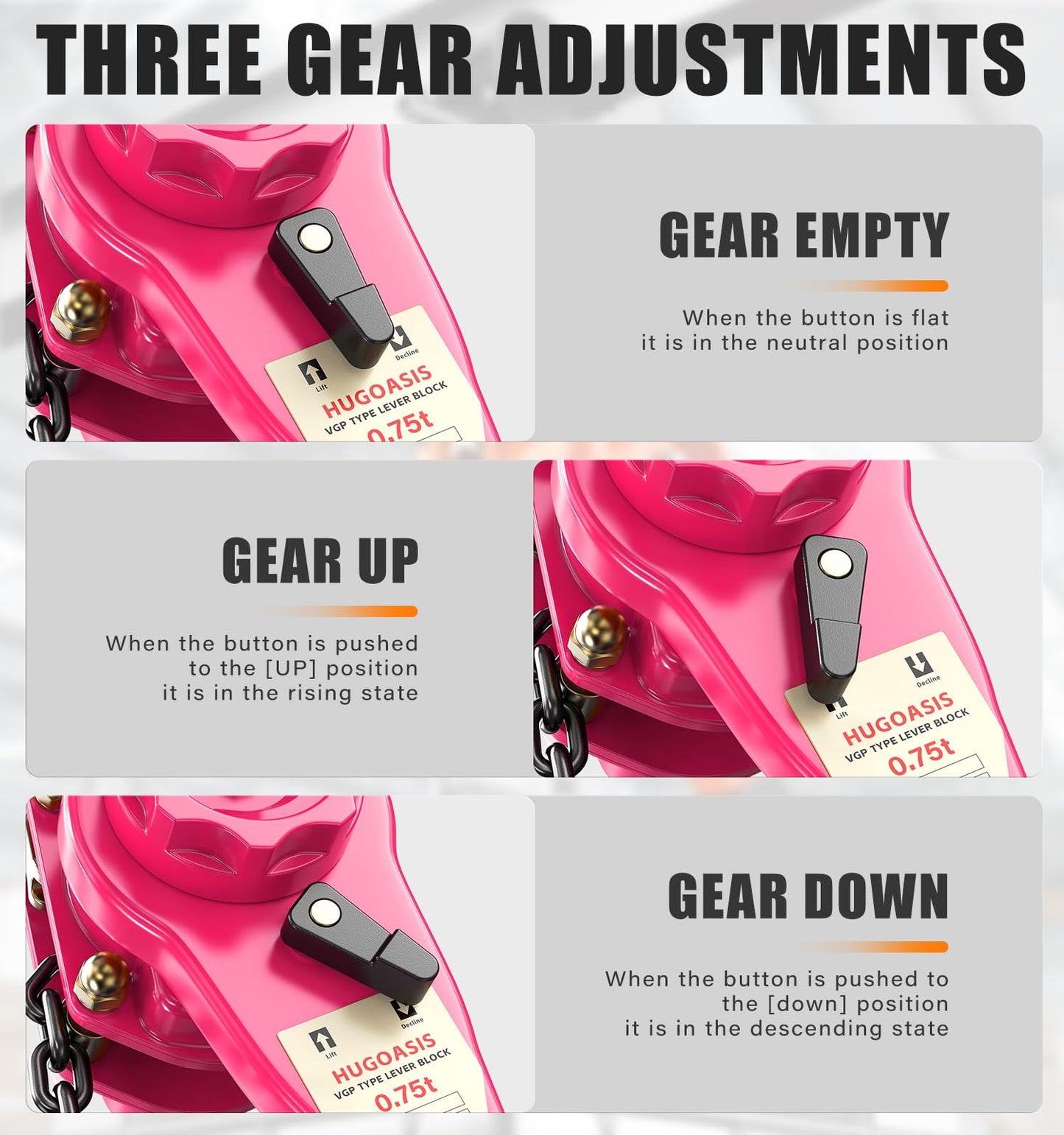 HUGOASIS 3/4 Ton 1650lbs Lever Chain Hoist Capacity 5ft,Chain Come Along with Dual Brake System, G80 Manganese Steel Chain, 2 Heavy Duty Hooks for Garages Warehouse Automotive Machinery – Pink