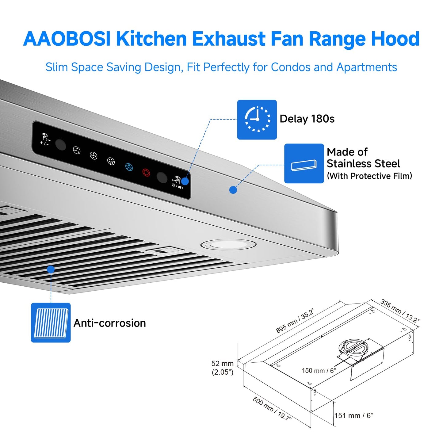 AAOBOSI 36 Inch Under Cabinet Range Hood, 800 CFM Stainless Steel Kitchen Vent Hood with Gesture Sensing, Touch Control, 3-Speed Exhaust Fan, LED Lights, Ducted Range Hood